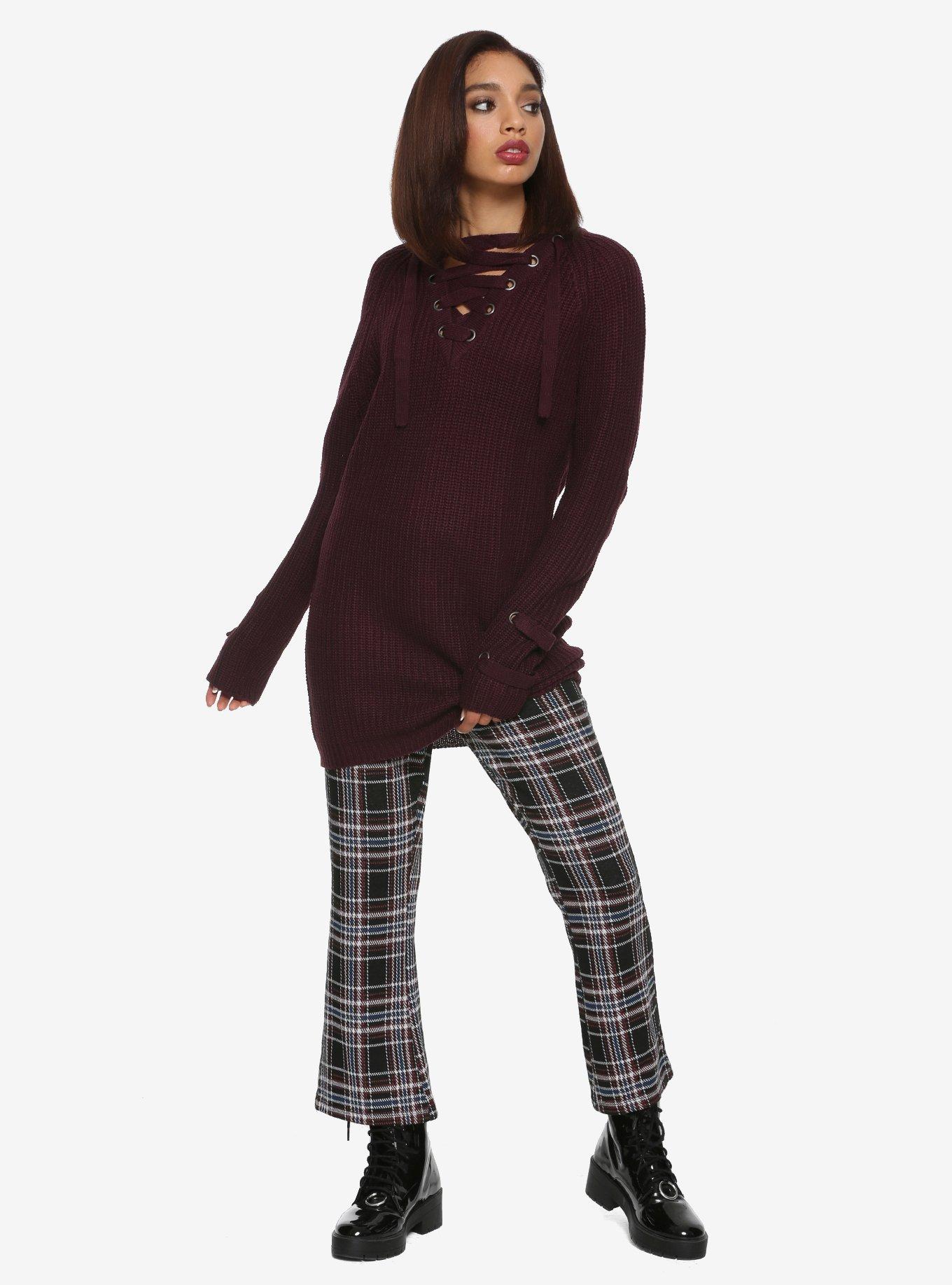 Plum Lace-Up Heavy Knit Girls Tunic Sweater, , alternate