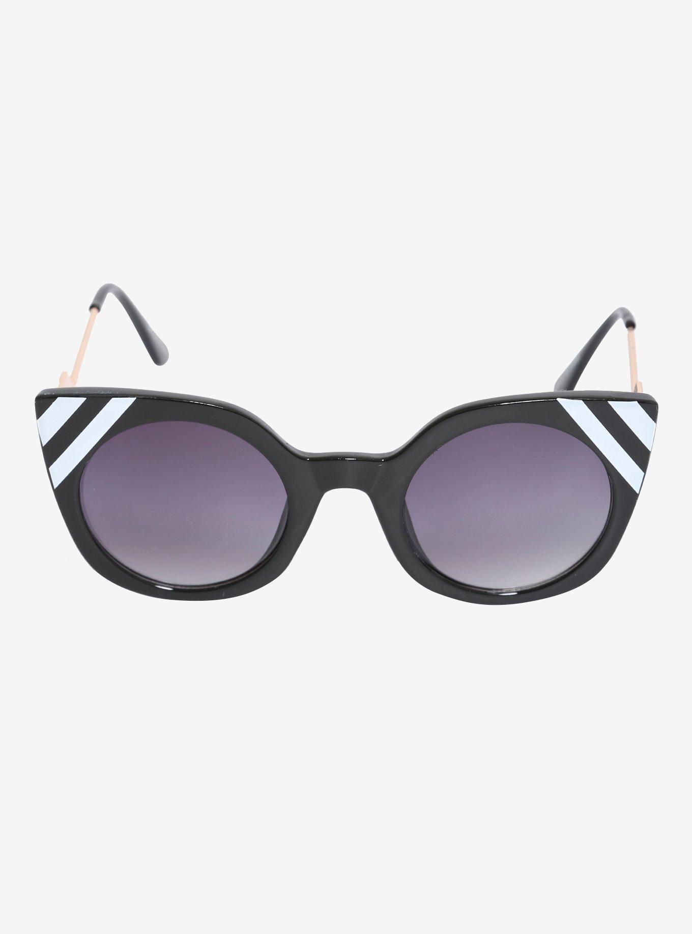 White Stripe Temple Black Cat Eye Sunglasses, , alternate