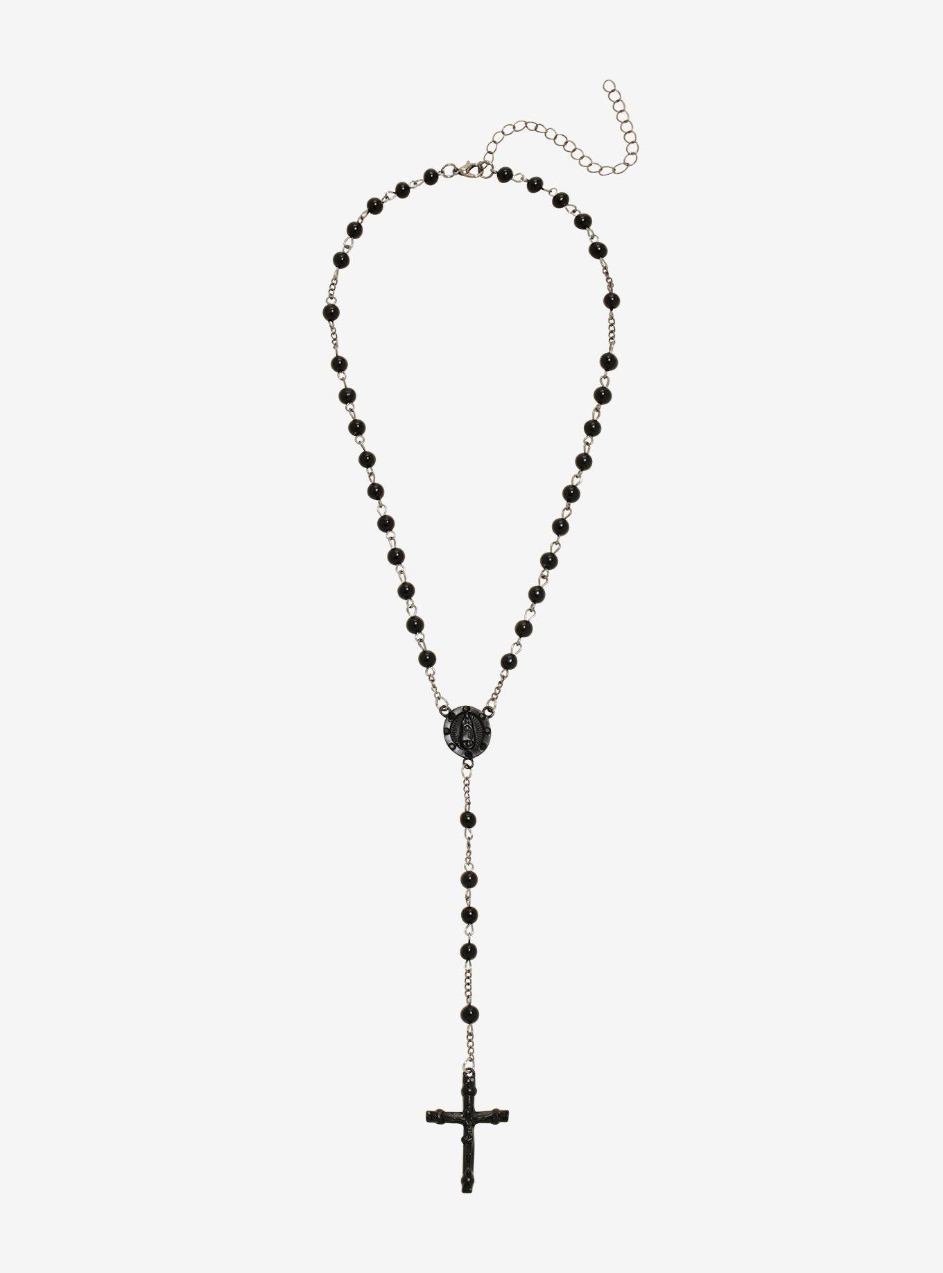 Blackheart Black Bead Rosary Necklace, , alternate