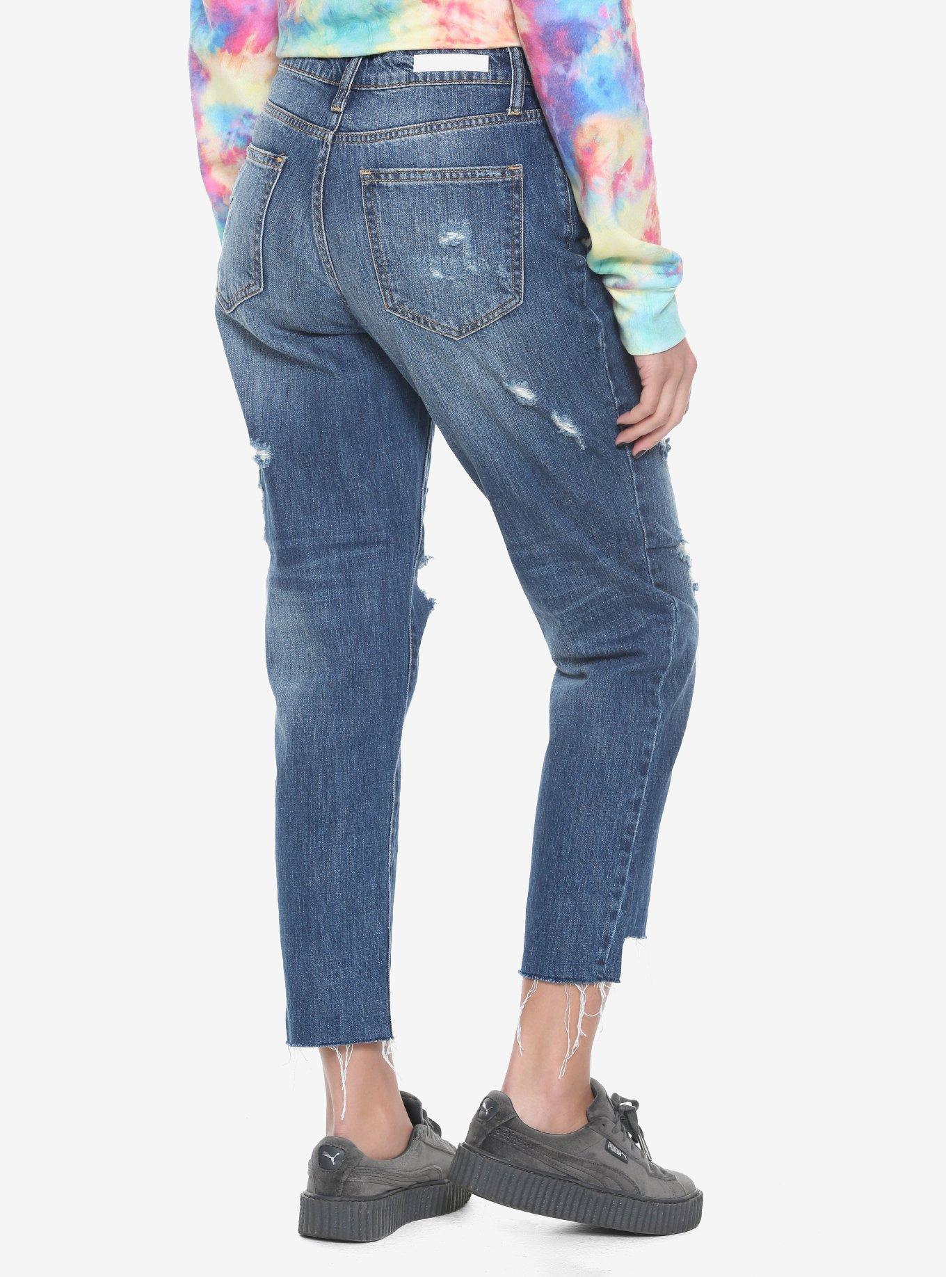 Indigo Destructed Girlfriend Jeans, , alternate