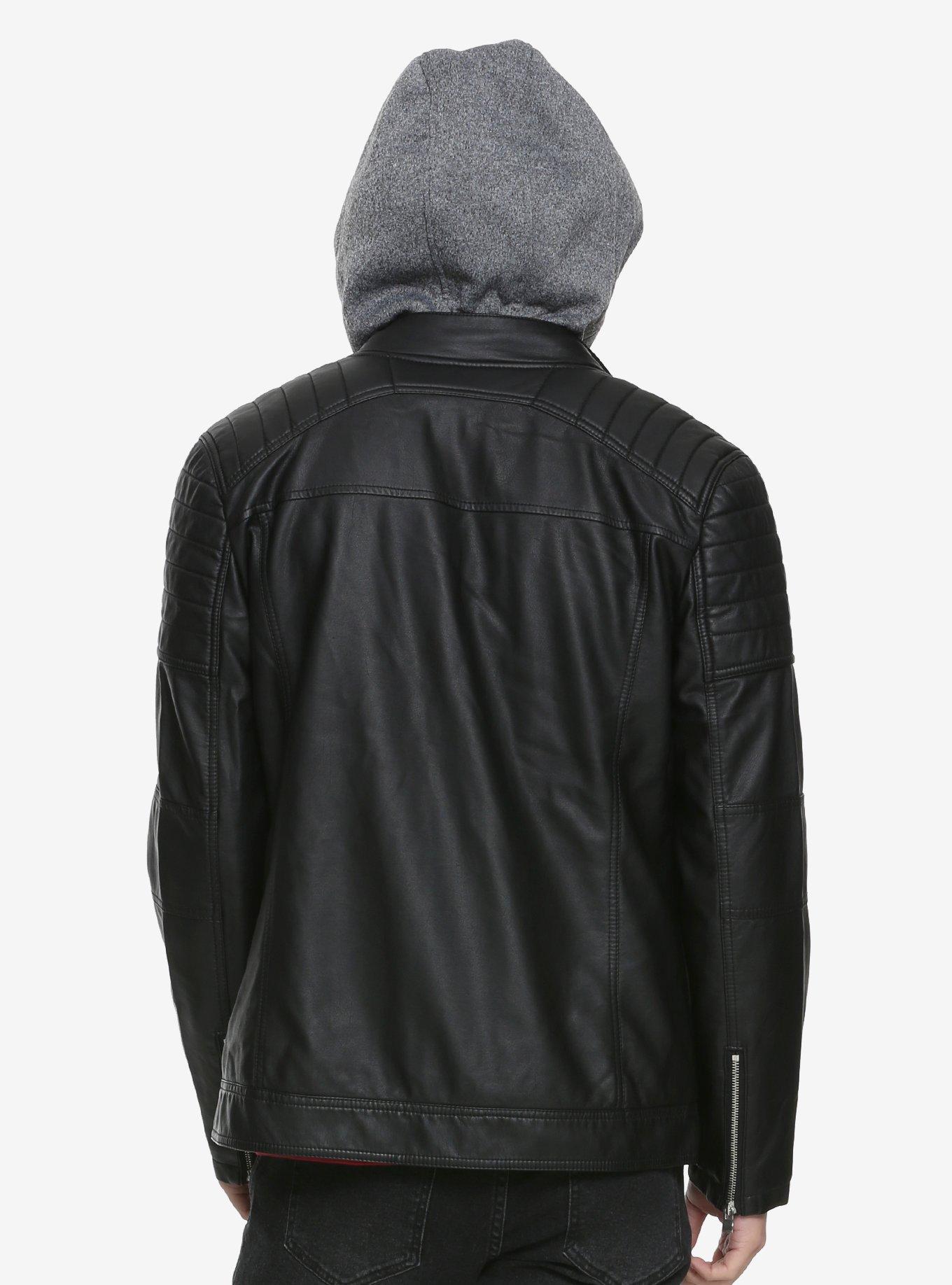 Black Hooded Faux Leather Jacket, BLACK, alternate