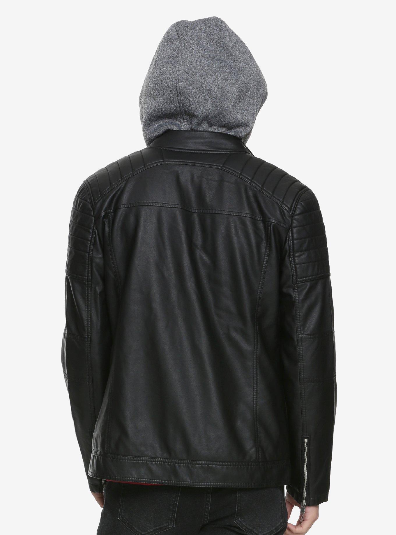 Black Hooded Faux Leather Jacket, BLACK, alternate