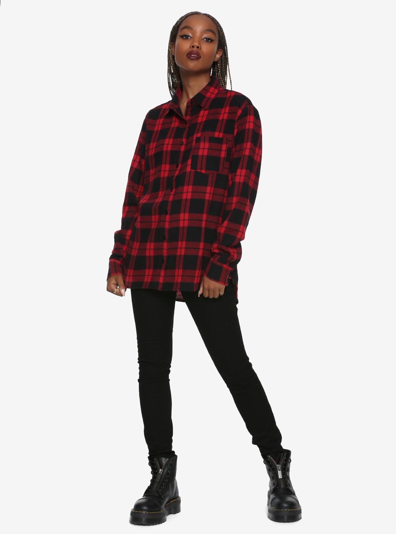 Black & Red Plaid Girls Button-Up, BLACK, alternate