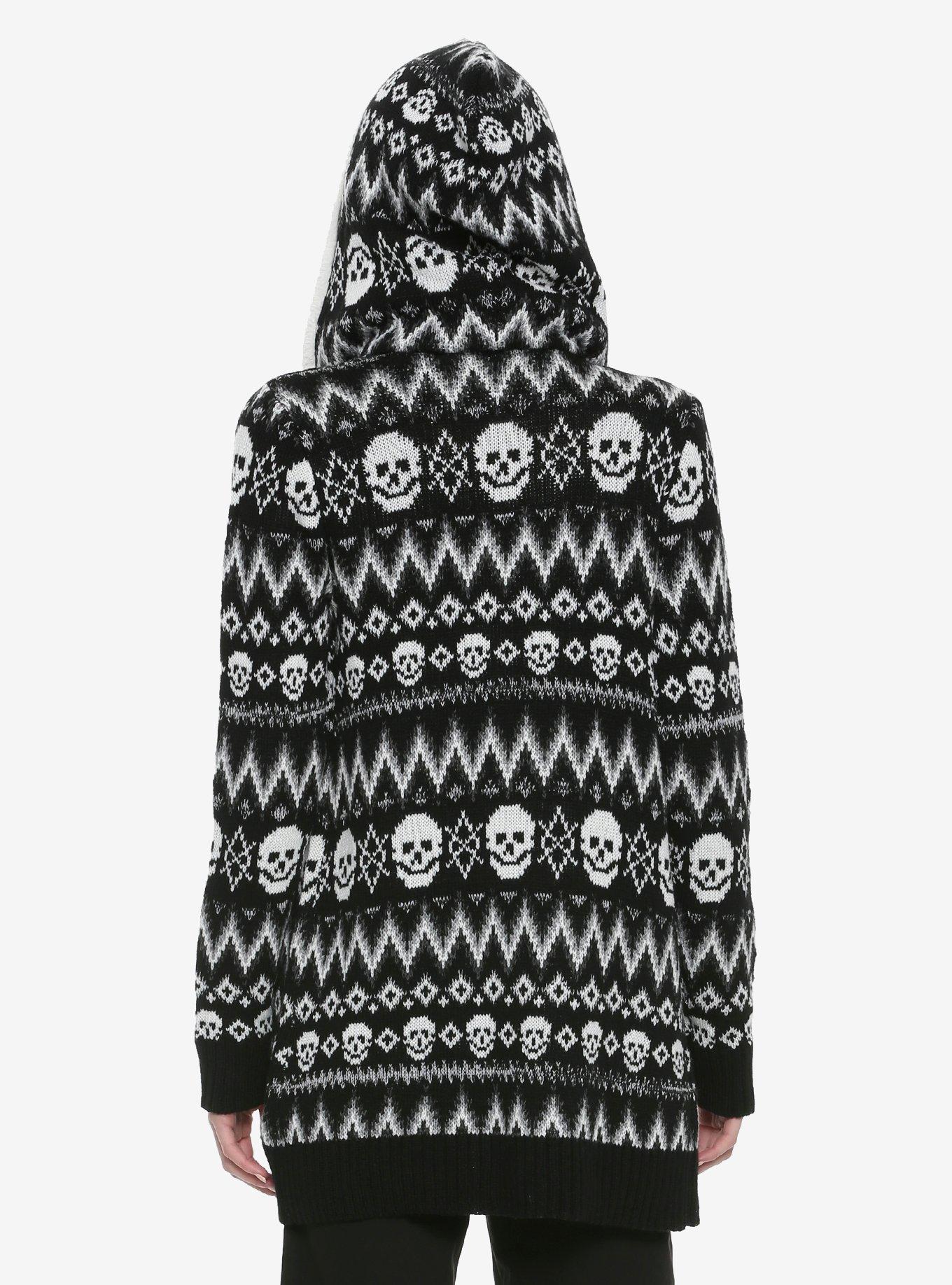 Skull Fair Isle Sherpa Girls Open Cardigan, BLACK, alternate