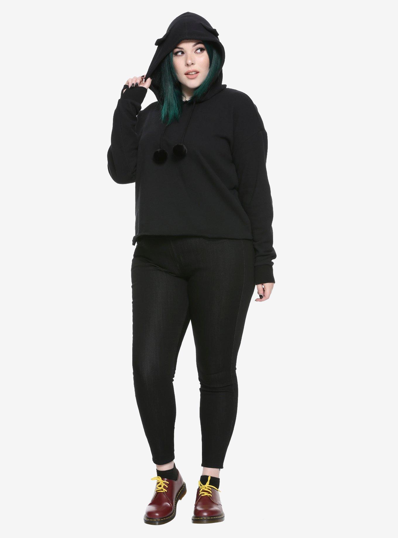 Black Cat Ear Girls Crop Hoodie Plus Size, , alternate