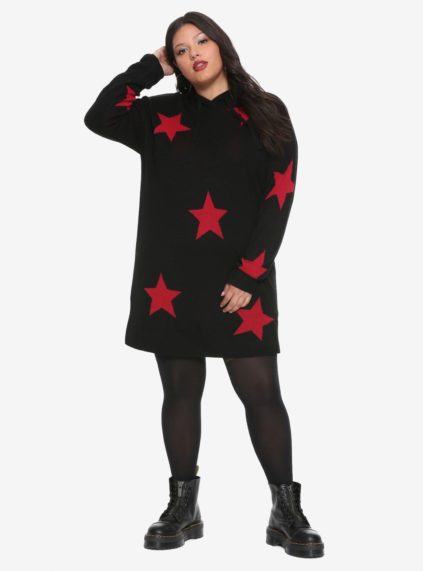 Black & Red Star Girls Hooded Tunic Plus Size, , alternate