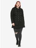 Black Button-Front Military Girls A-Line Jacket Plus Size, , alternate