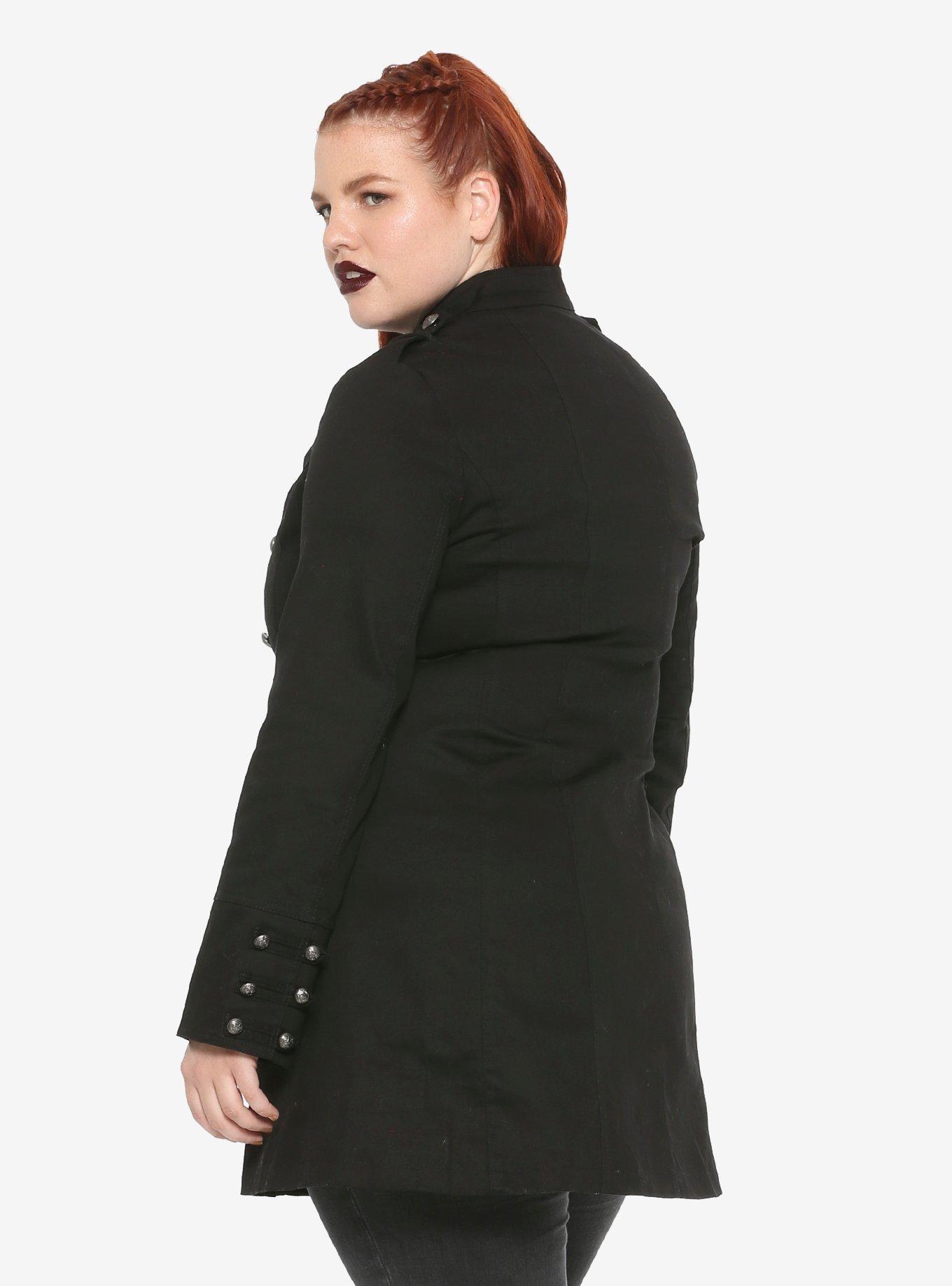 Black Button-Front Military Girls A-Line Jacket Plus Size, , alternate