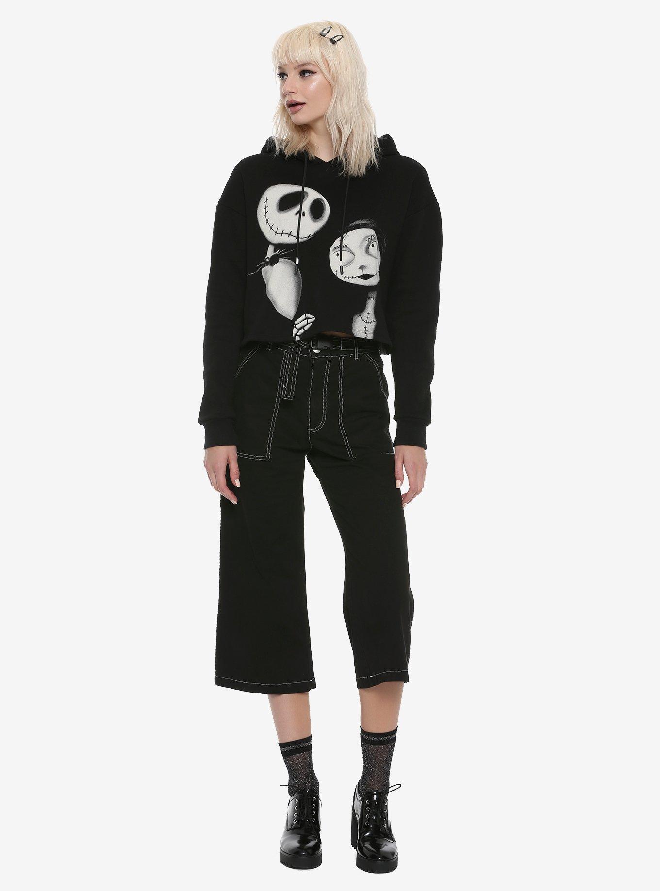The Nightmare Before Christmas Jack & Sally Black & White Girls Cropped Hoodie, BLACK, alternate