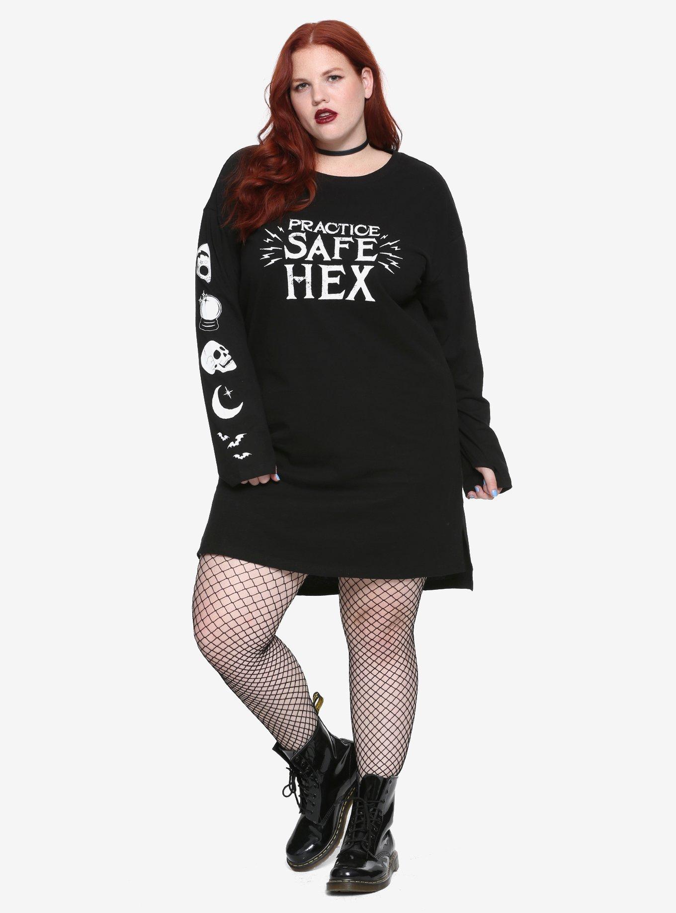 Practice Safe Hex Long-Sleeve T-Shirt Dress Plus Size, BLACK, alternate
