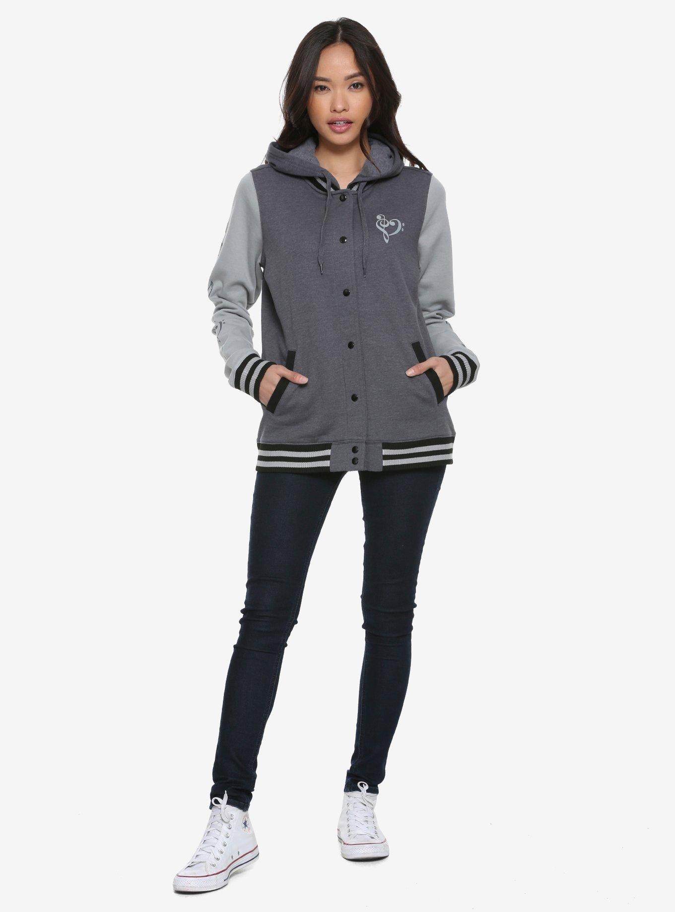 Hooded Musical Hearts Girls Varsity Jacket, GREY, alternate