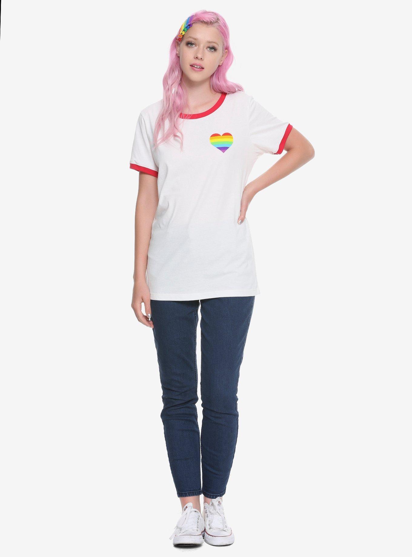 Rainbow Pride Heart Flag Ringer T-Shirt, WHITE, alternate