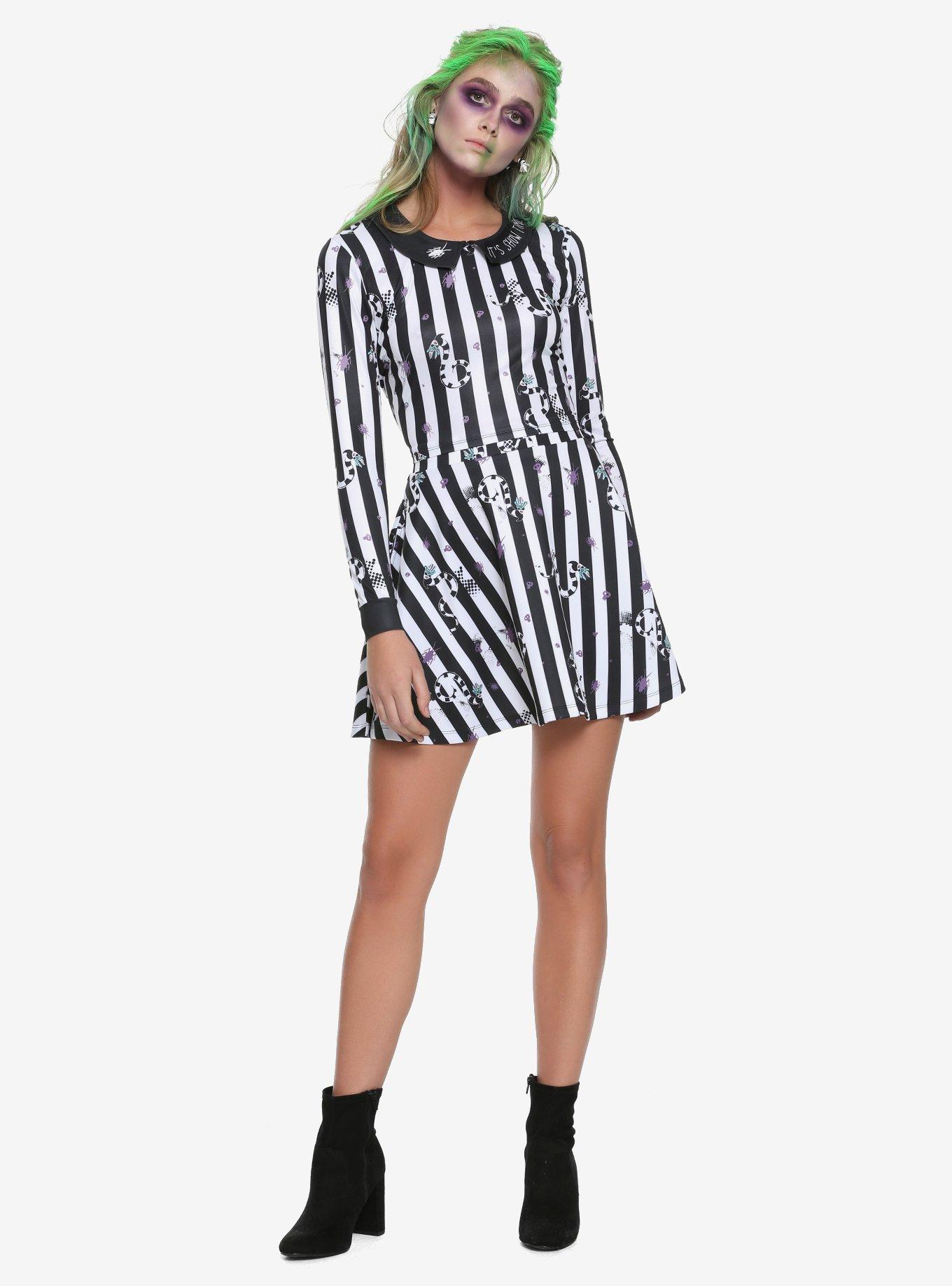 Beetlejuice Striped Collar Long-Sleeve Girls Crop Top, , alternate