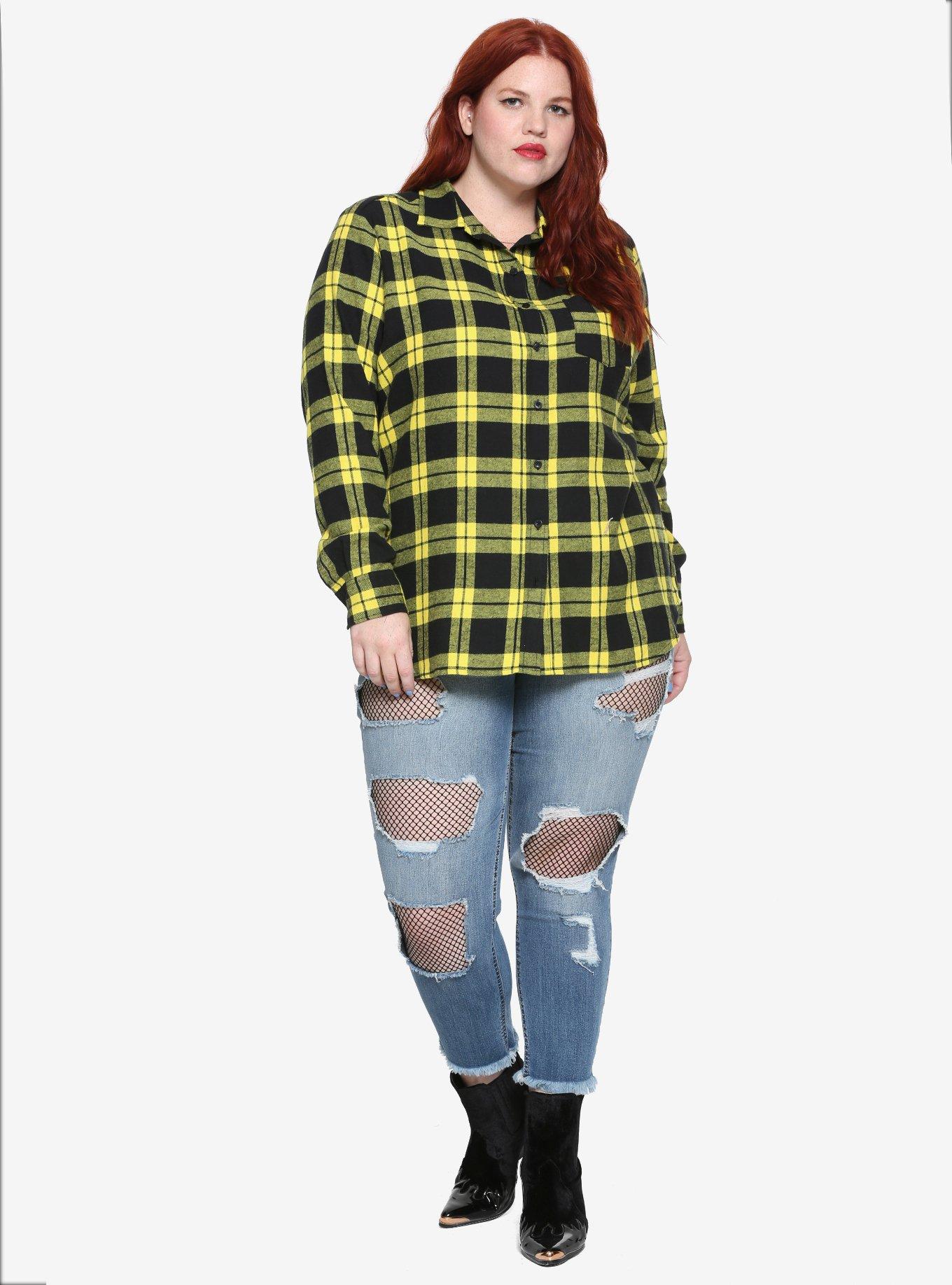 Black & Yellow Plaid Girls Button-Up Flannel Plus Size, PLAID, alternate