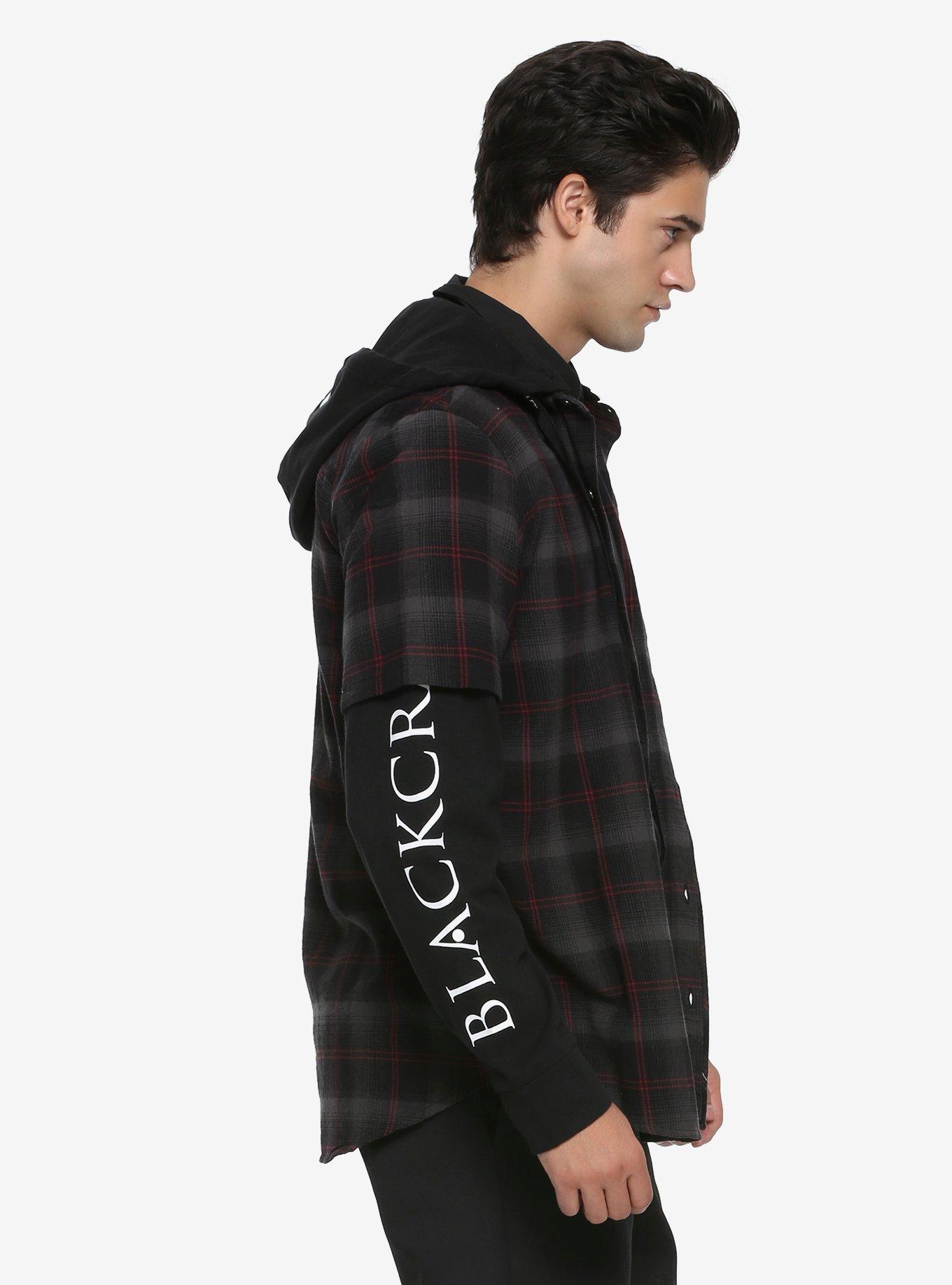 BlackCraft Red & Grey Plaid & Fleece Sleeves Hooded Woven Button-Up, , alternate