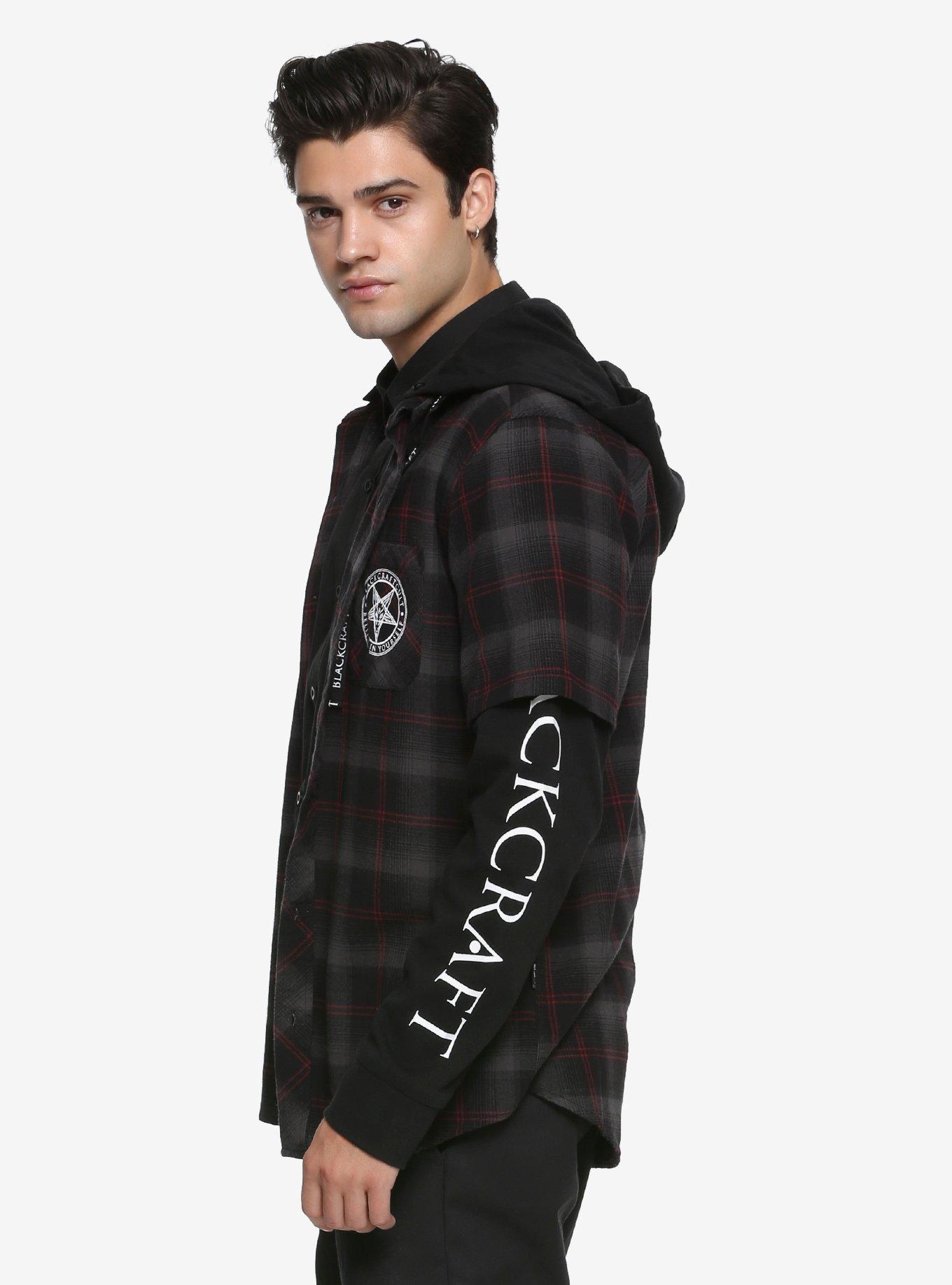 BlackCraft Red & Grey Plaid & Fleece Sleeves Hooded Woven Button-Up, , alternate