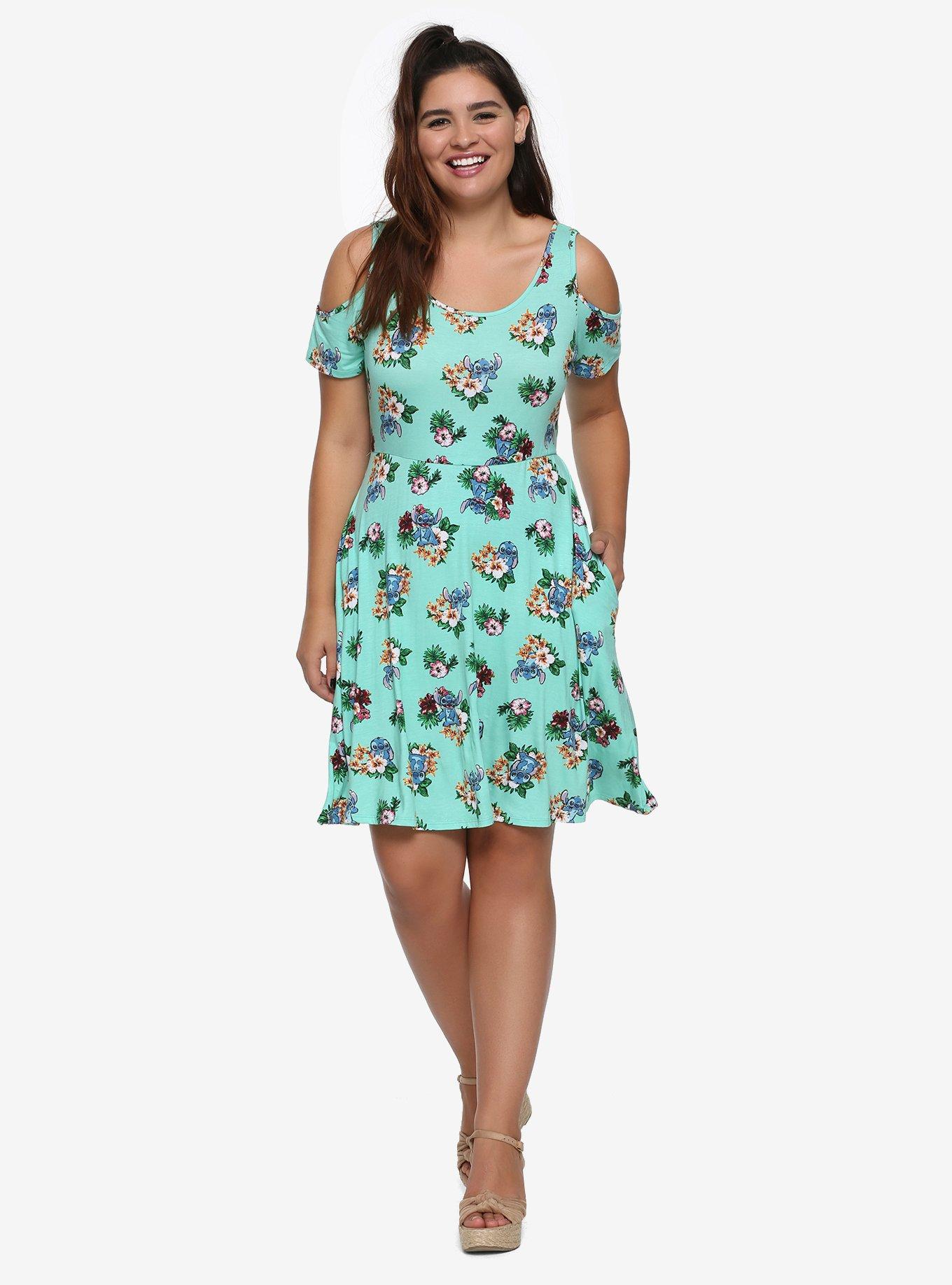 Disney Lilo & Stitch Mint Tropical Flowers Cold Shoulder Dress Plus Size, , alternate