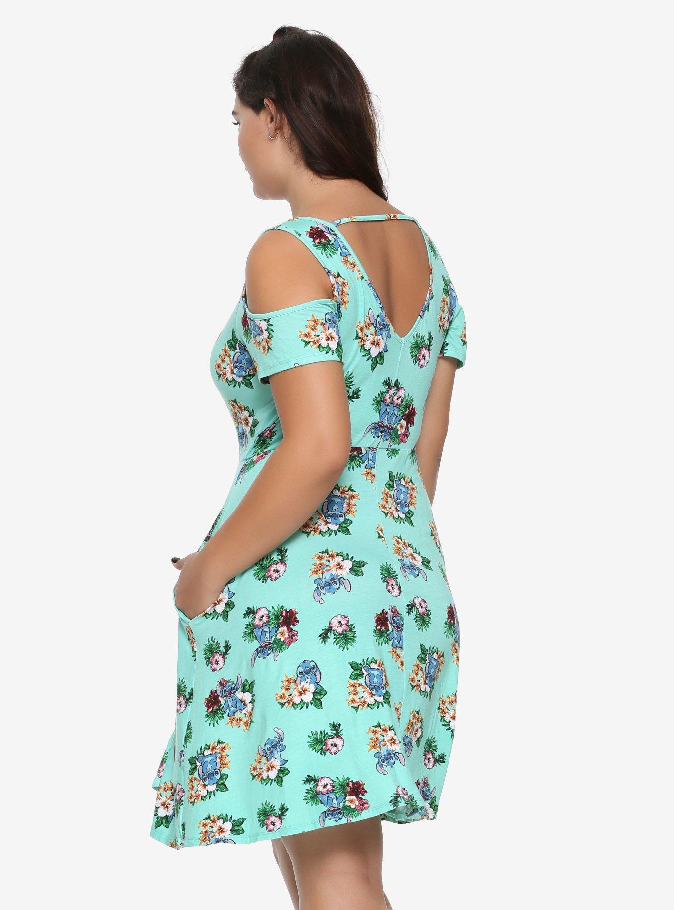 Disney Lilo & Stitch Mint Tropical Flowers Cold Shoulder Dress Plus Size, , alternate