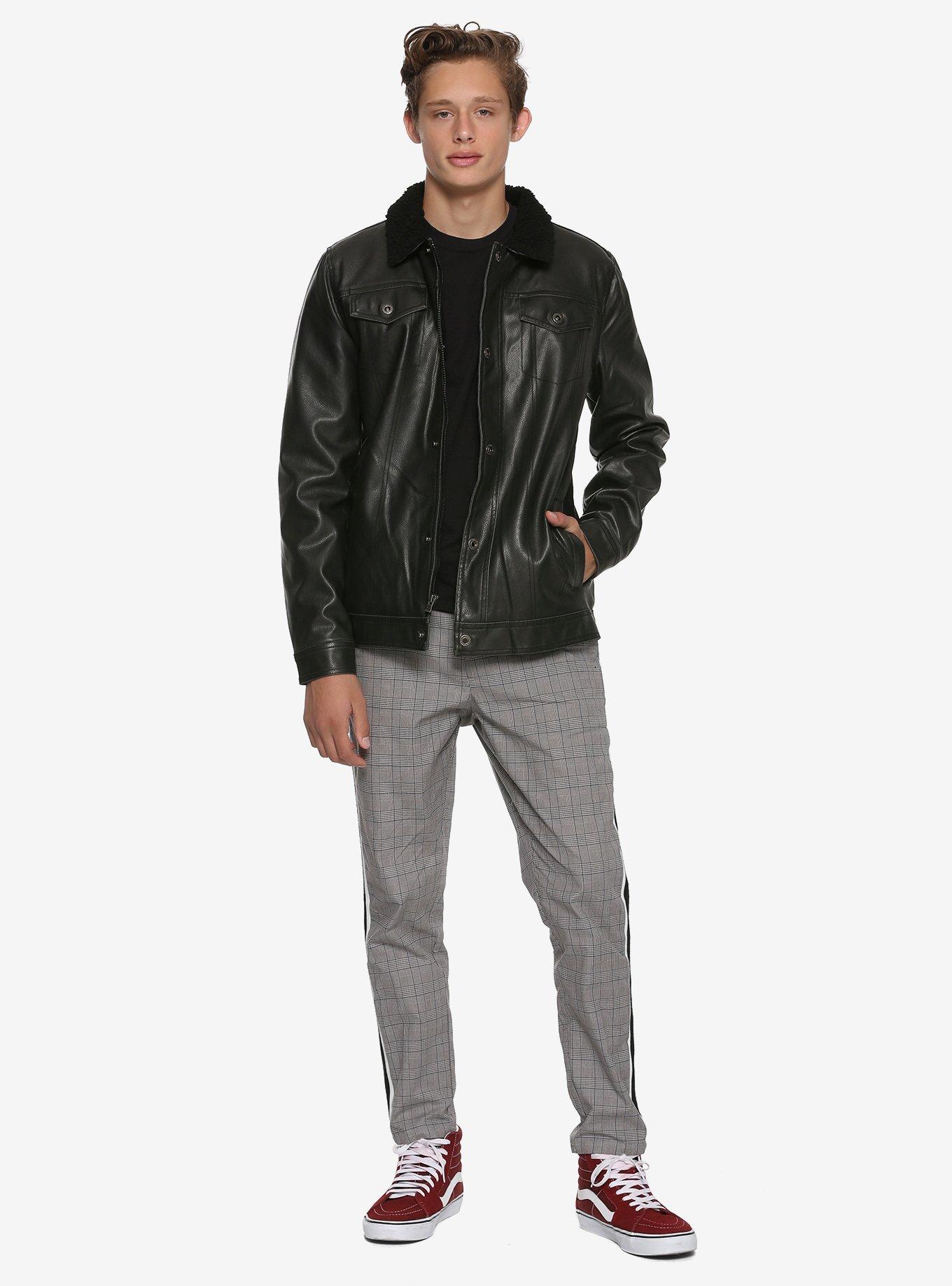 Black Sherpa Lined Faux Leather Jacket, BLACK, alternate