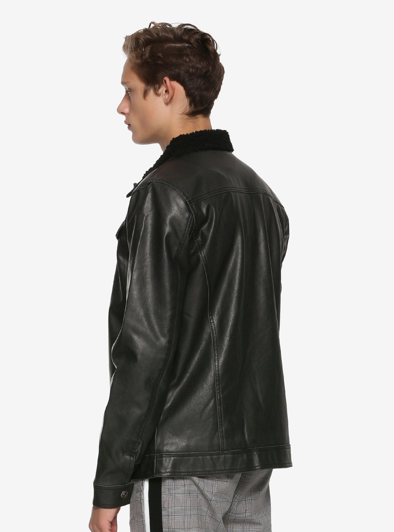 Black Sherpa Lined Faux Leather Jacket, BLACK, alternate