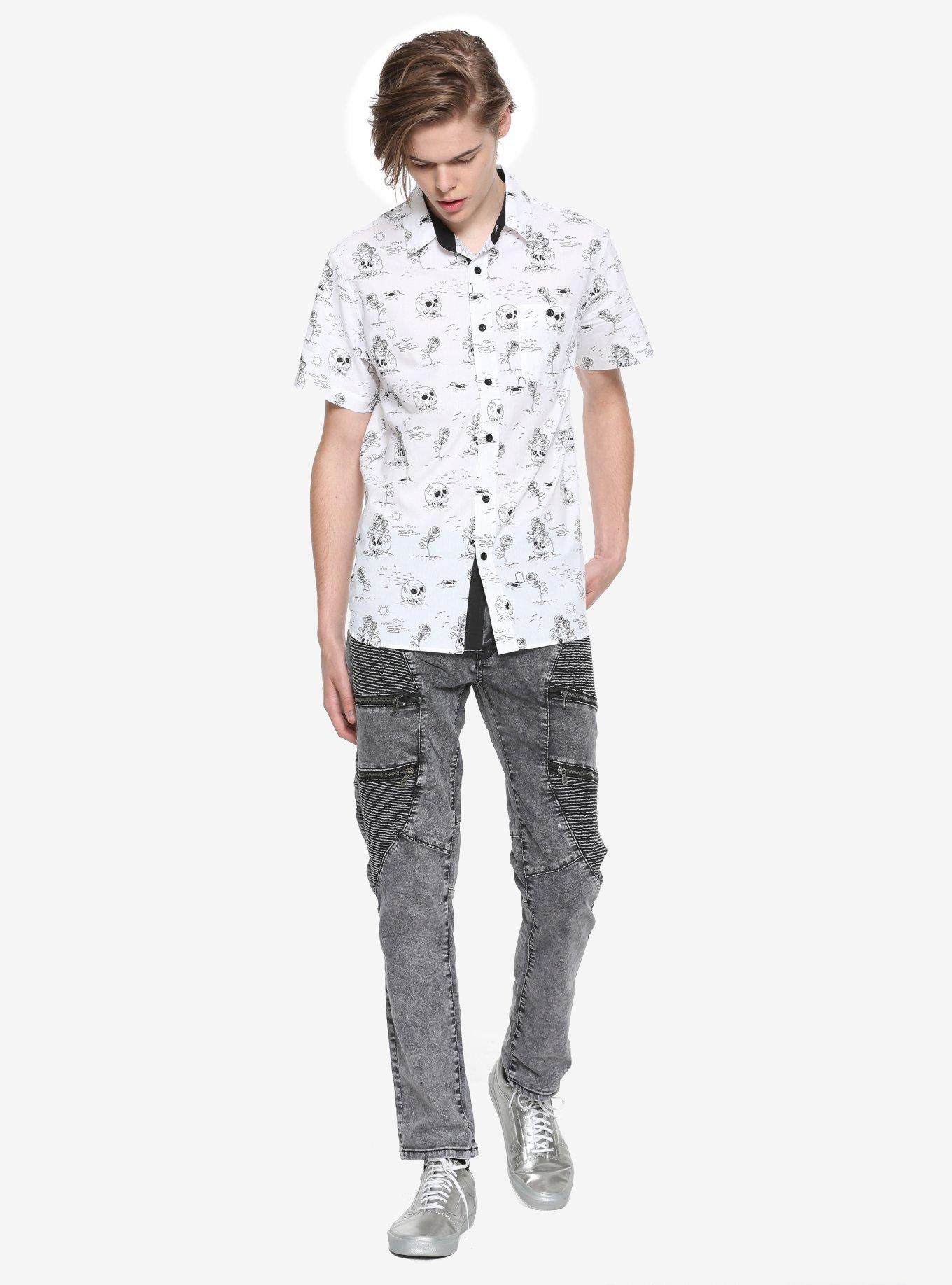 Sketch Skull & Roses Short-Sleeved Woven Button-Up | Hot Topic