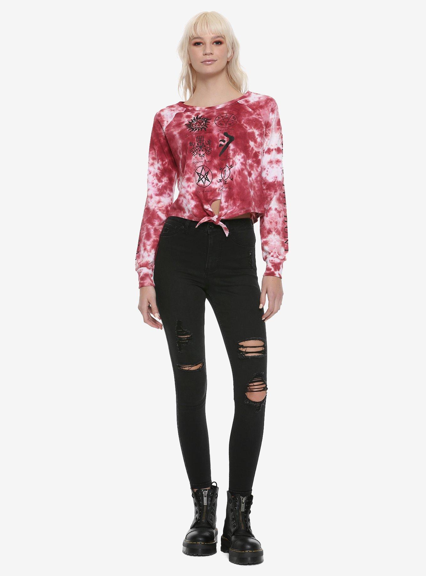 Supernatural Symbols Tie-Front Girls Long-Sleeve T-Shirt, BLACK, alternate