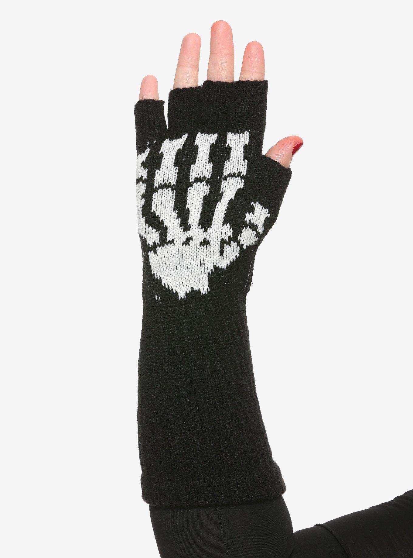 Black Cuff Skeleton Fingerless Gloves, , alternate