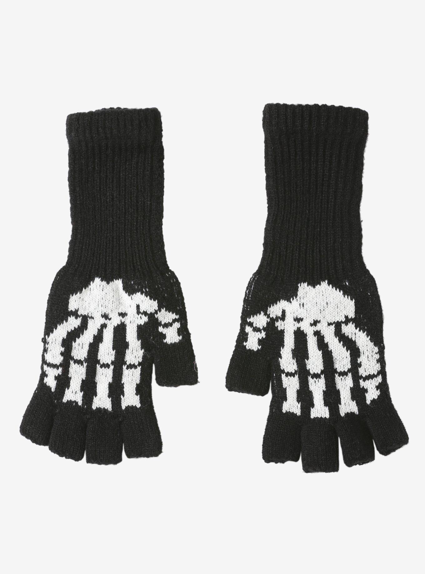 Black Cuff Skeleton Fingerless Gloves, , alternate