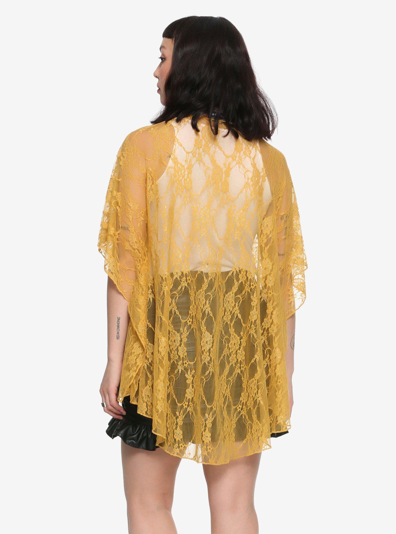 Mustard Yellow Short-Sleeve Lace Kimono, , alternate