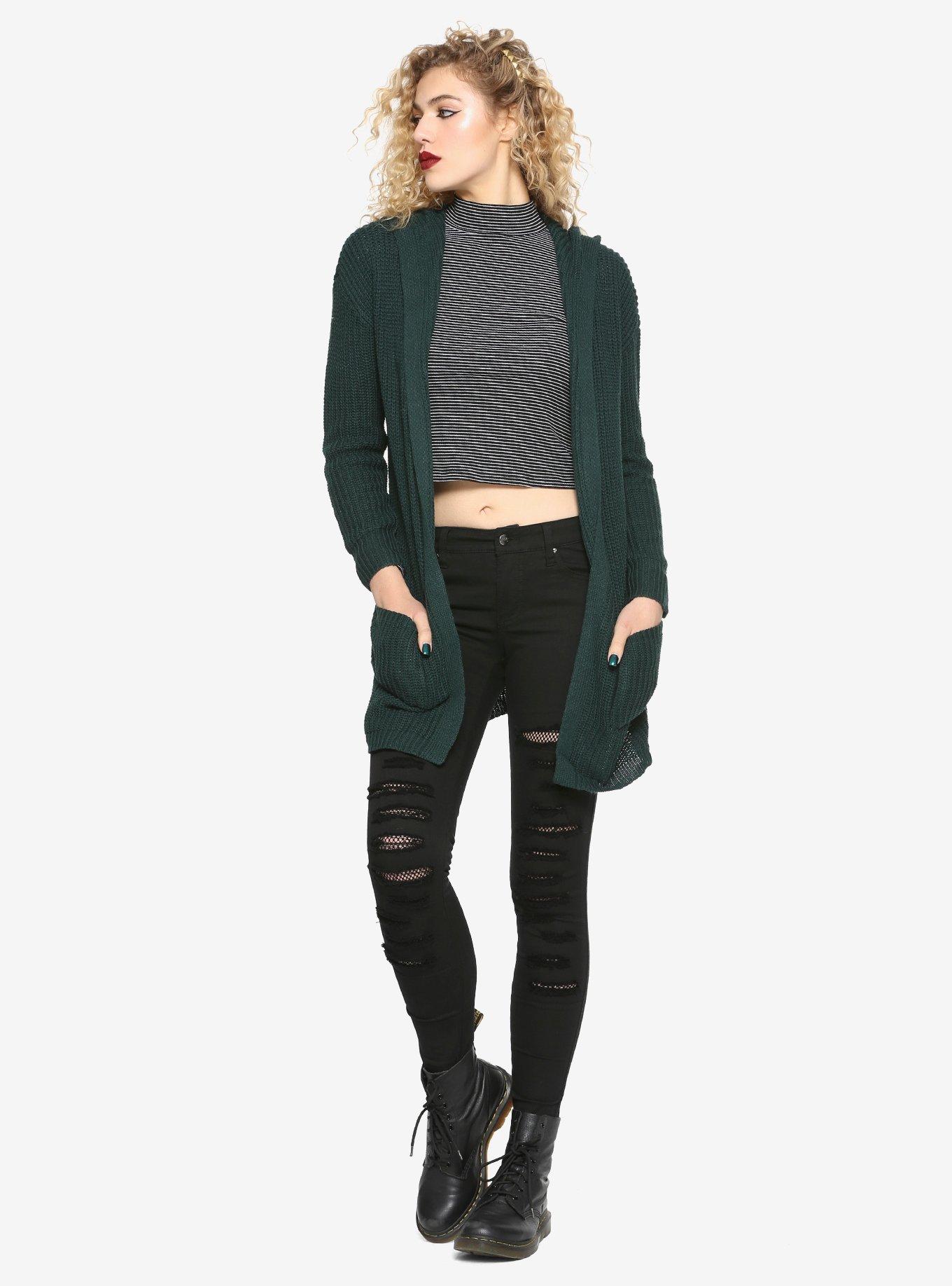 Almost Famous Green Lace-Up Back Hooded Cardigan, , alternate