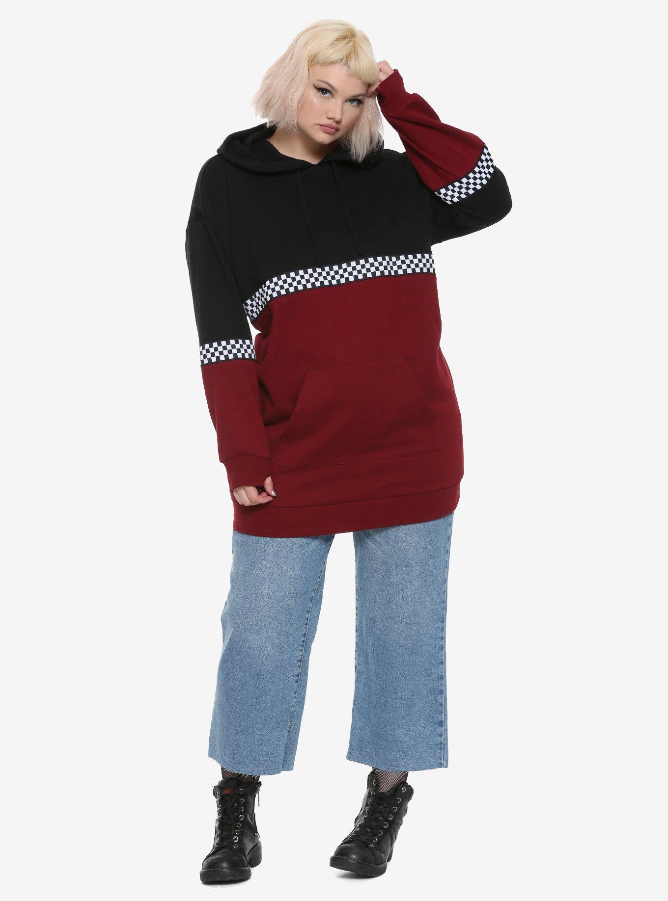 Black & Red Colorblock Checkered Girls Long Hoodie Plus Size, , alternate