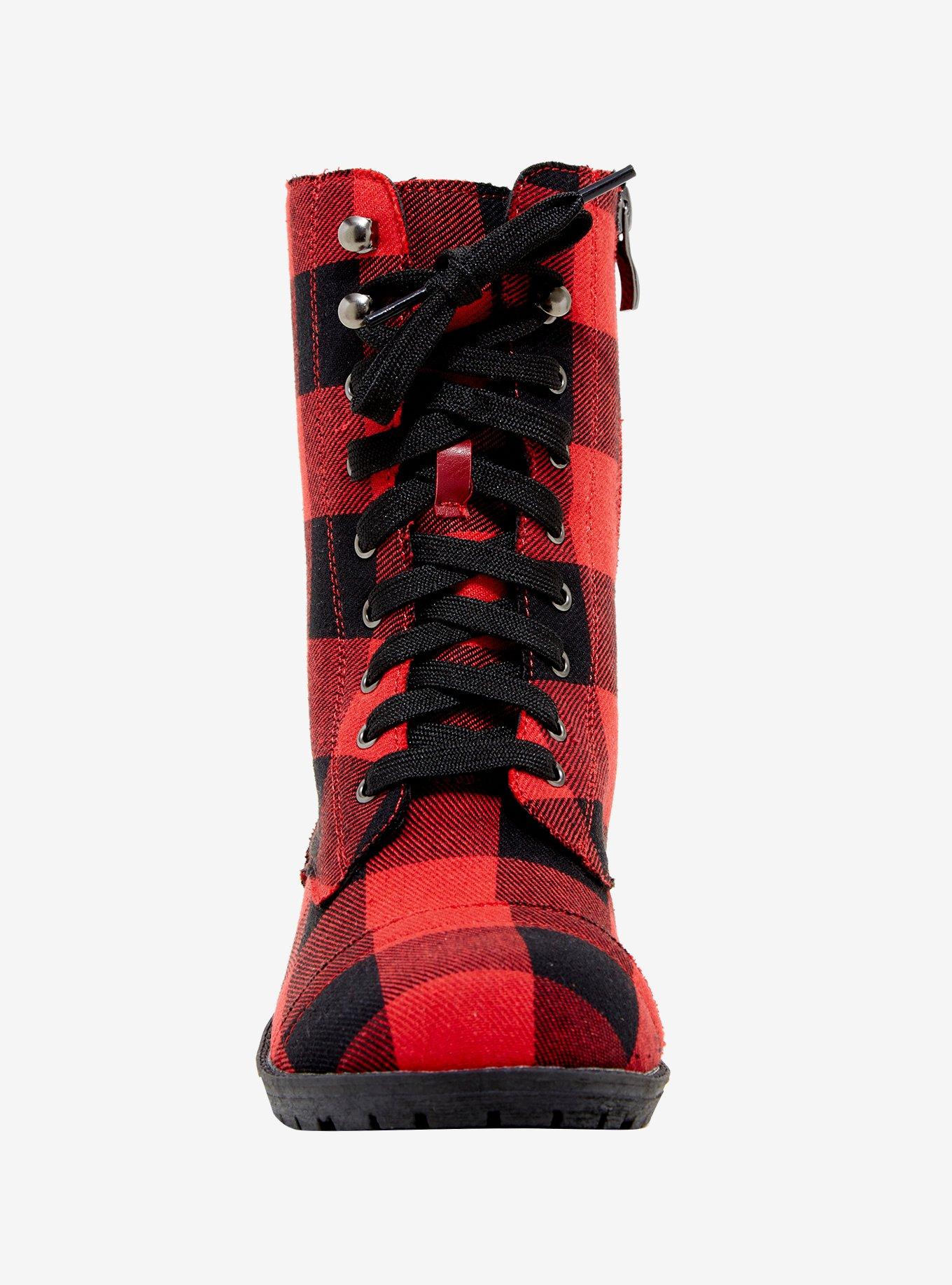 Red Plaid Combat Boots, BLACK  RED, alternate