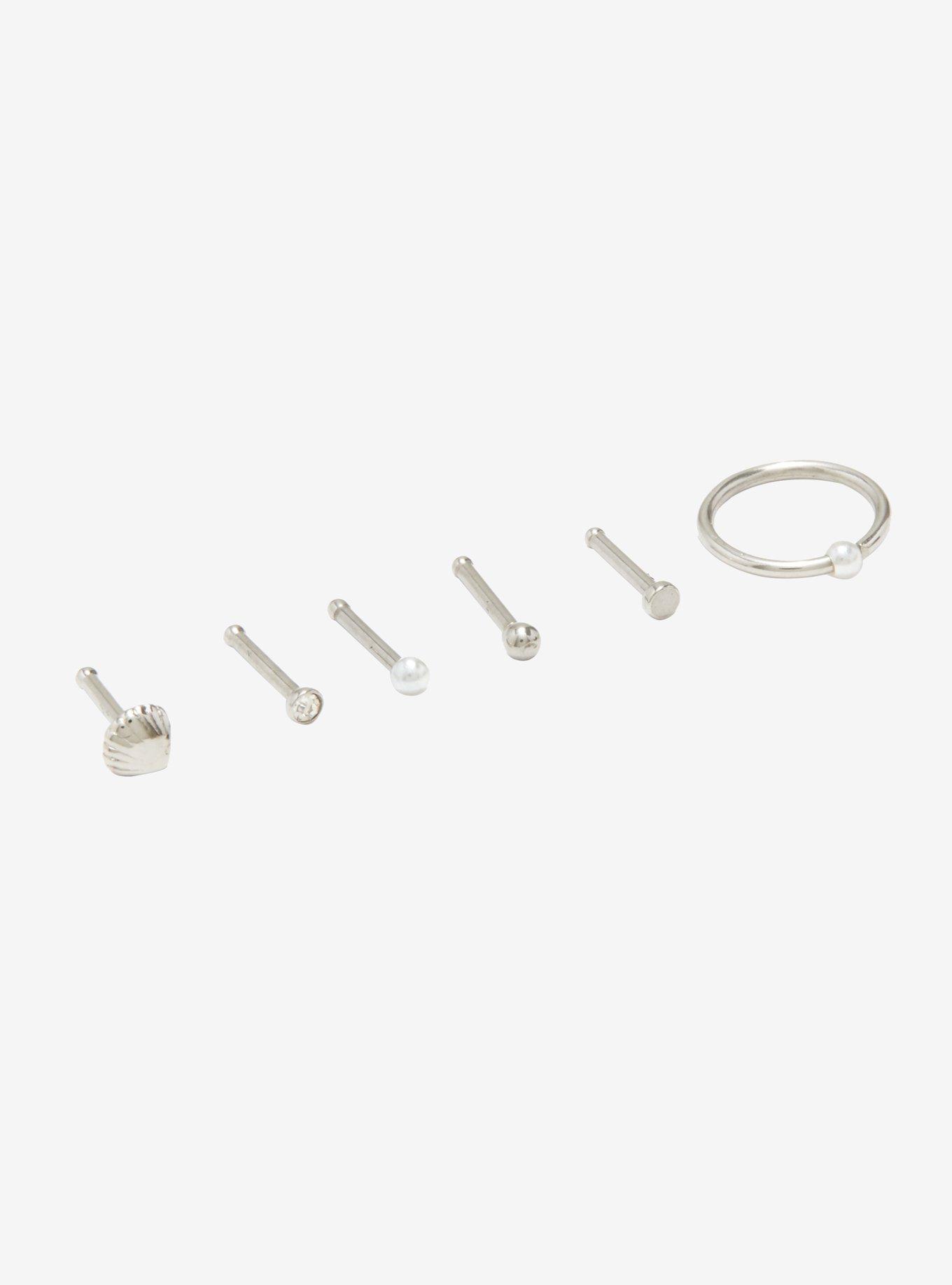 Steel Pearl & Shell Nose Stud & Hoop 6 Pack, SILVER, alternate