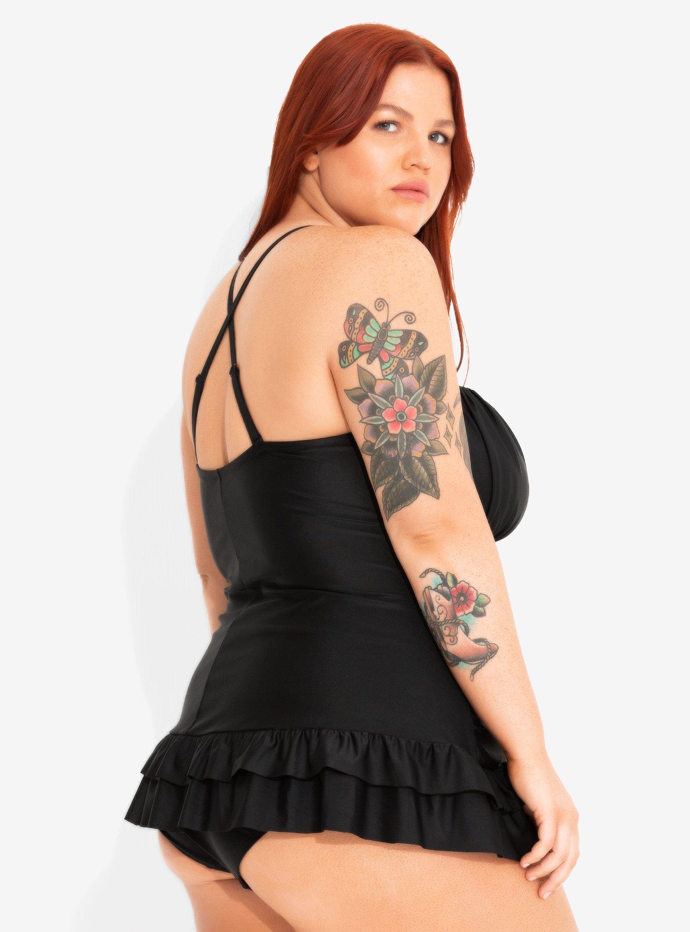 Black One-Piece Ruffle Skirt Swimsuit Plus Size, , alternate