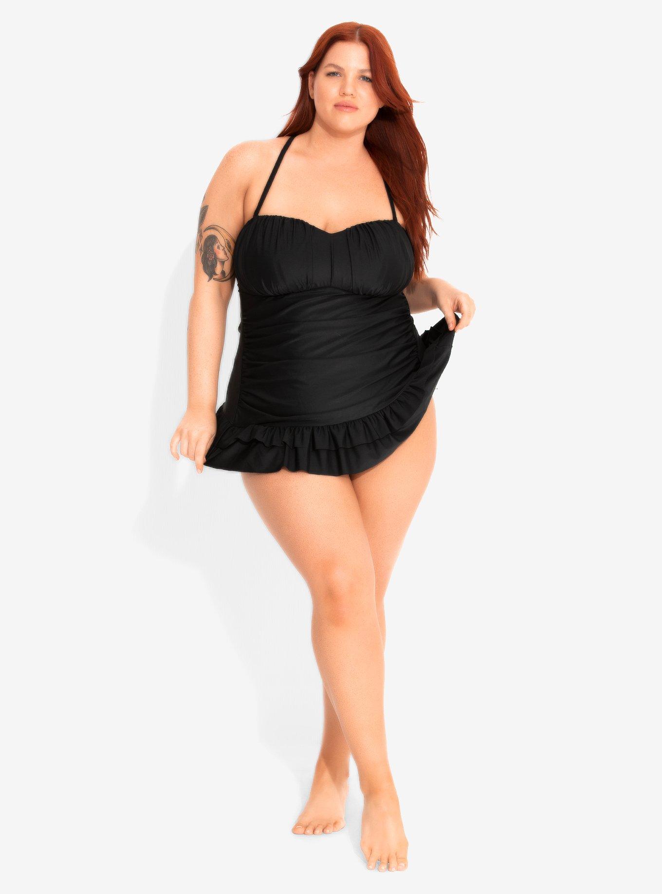 Black One-Piece Ruffle Skirt Swimsuit Plus Size, , alternate