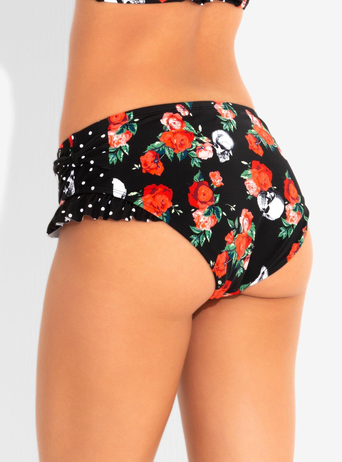 Polka Dots Skulls & Roses Swim Bottoms, BLACK, alternate