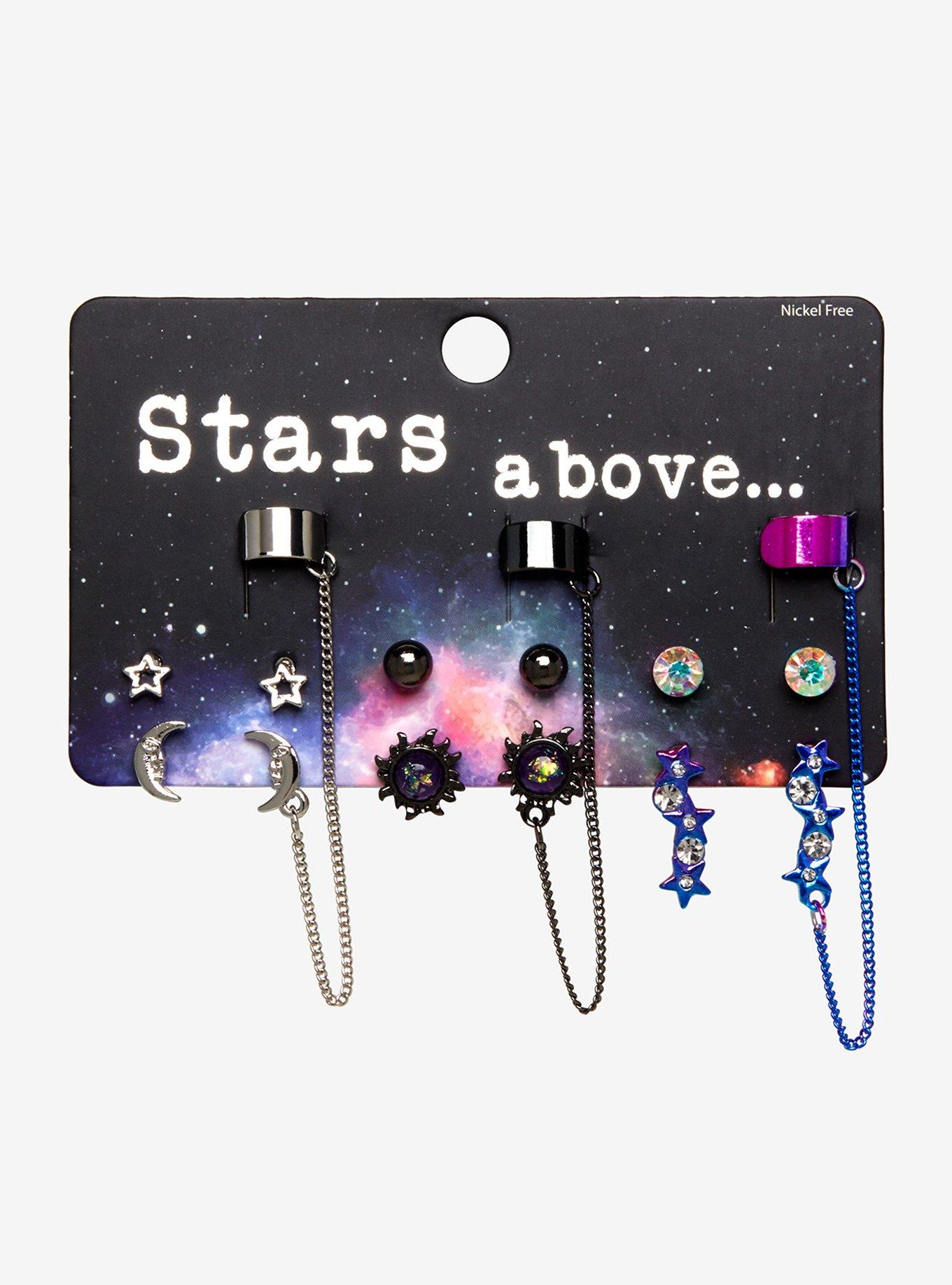 Stars Above Moon Stars Gemstone Cuff Earring Set, , alternate