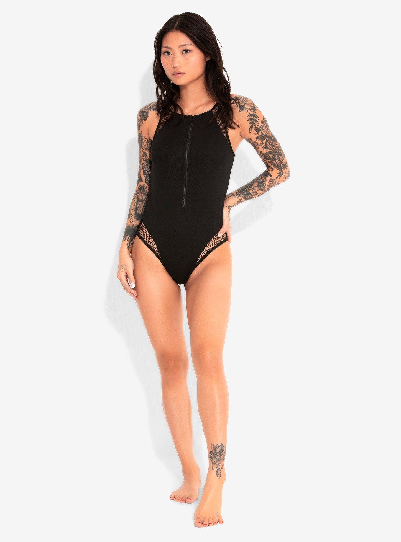 Black Ribbed Zip-Up Swimsuit, BLACK, alternate