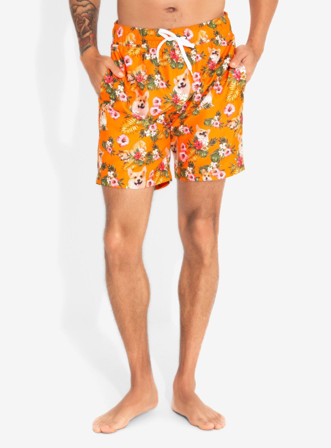 Orange Corgis & Flowers Swim Trunks, ORANGE, alternate