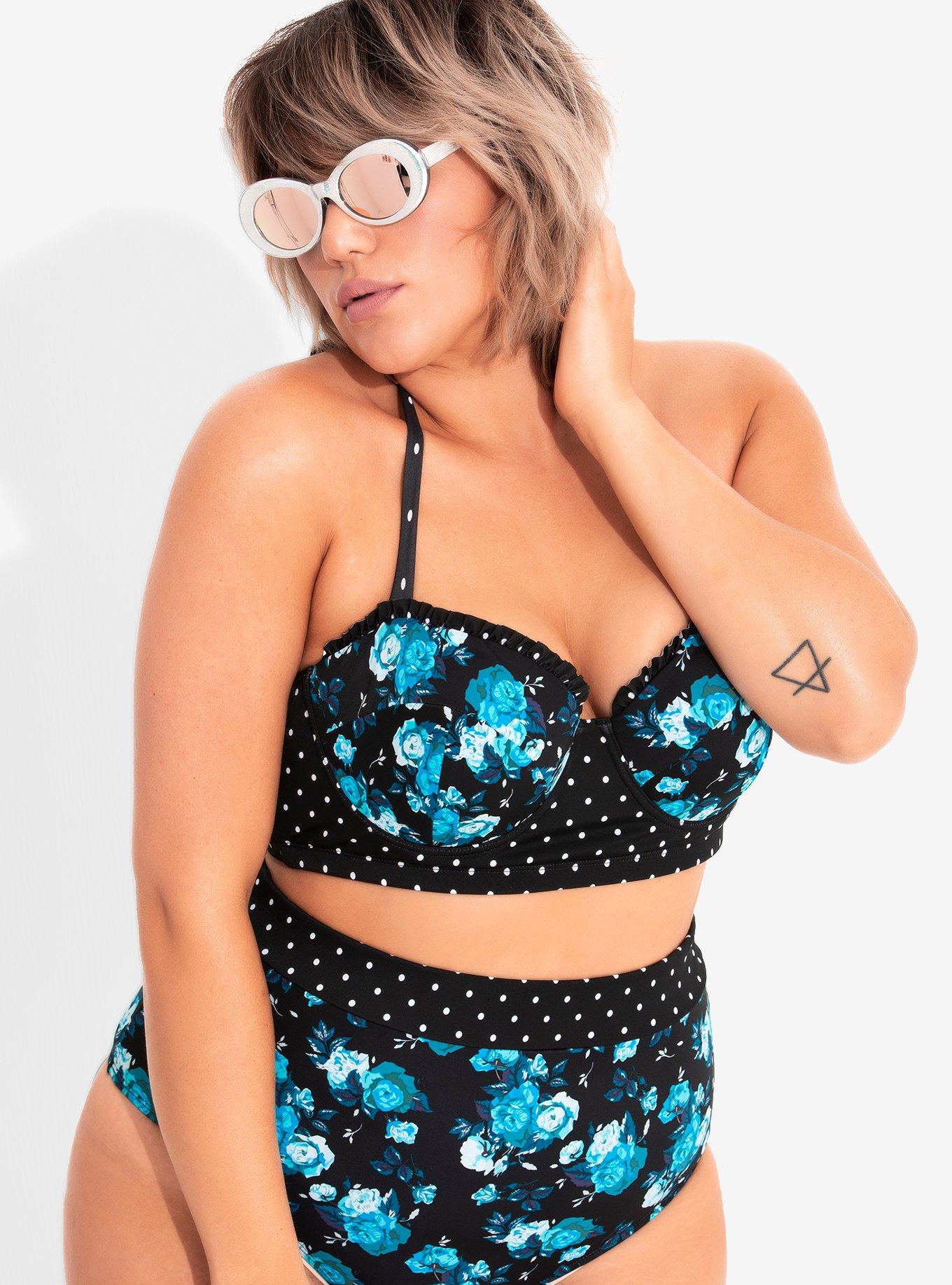 Retro Blue Floral Swim Top Plus Size, BLACK, alternate