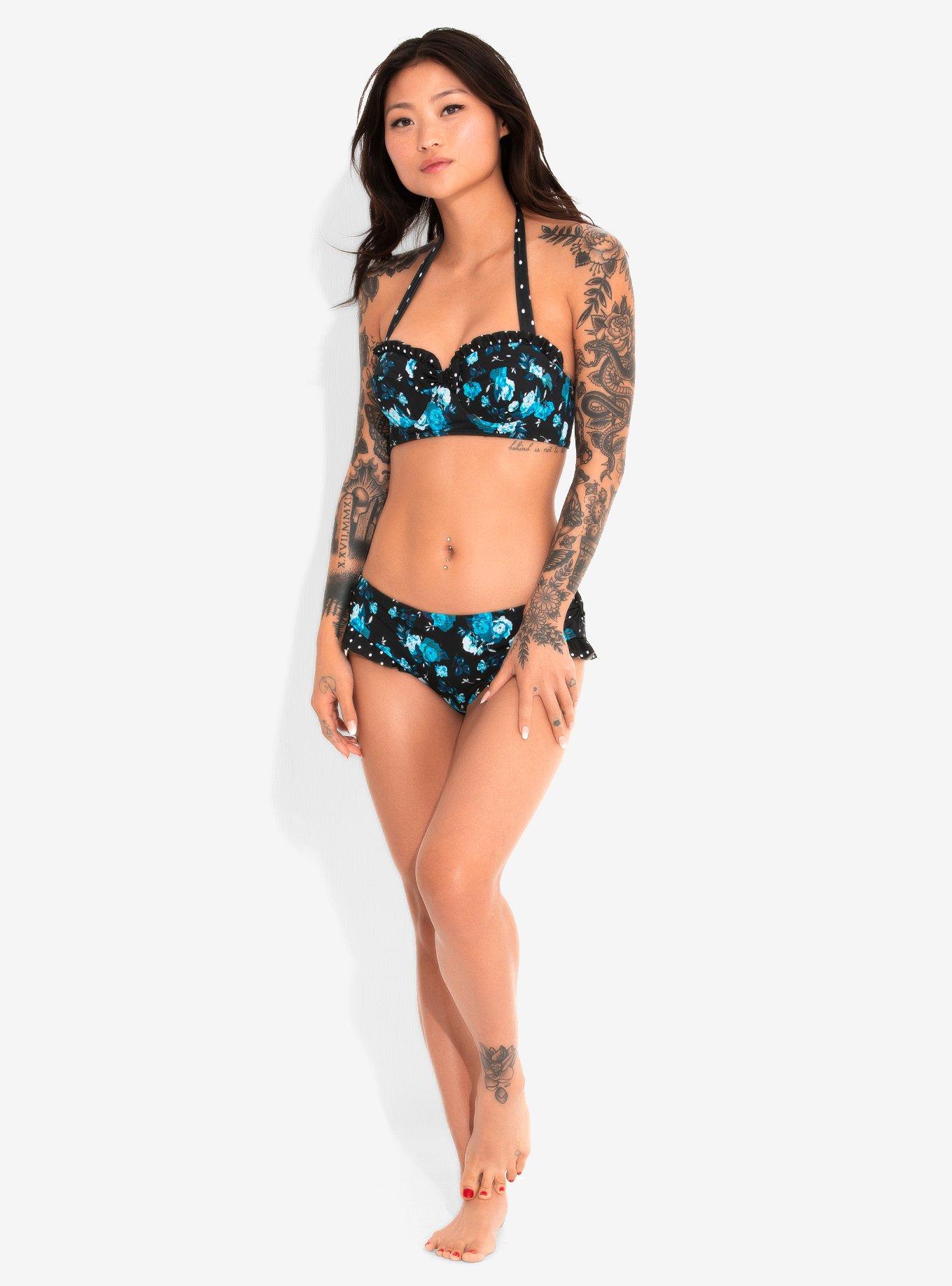 Retro Blue Floral Swim Bottoms, BLACK, alternate