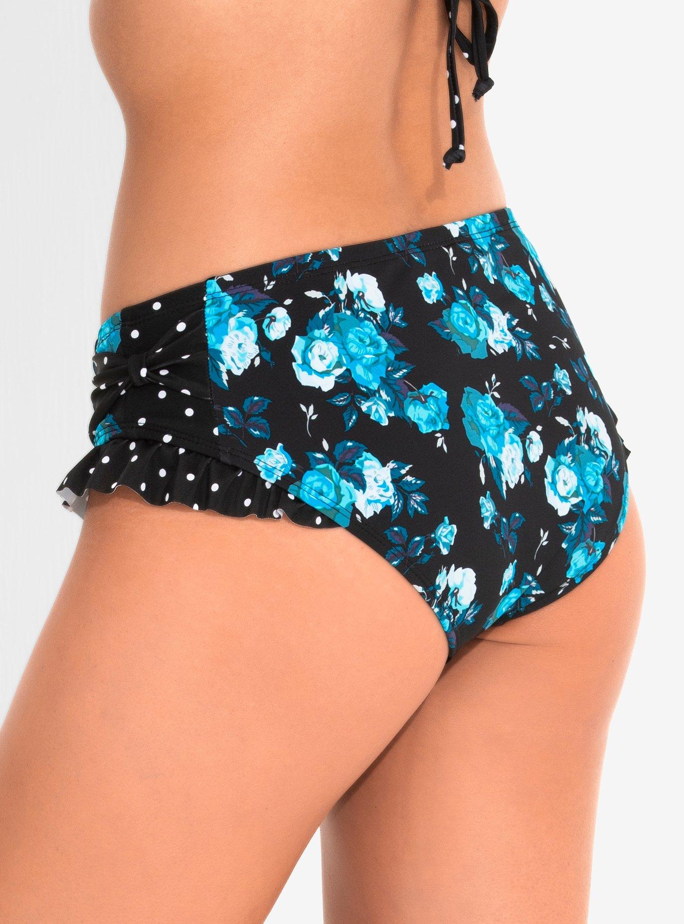 Retro Blue Floral Swim Bottoms, BLACK, alternate