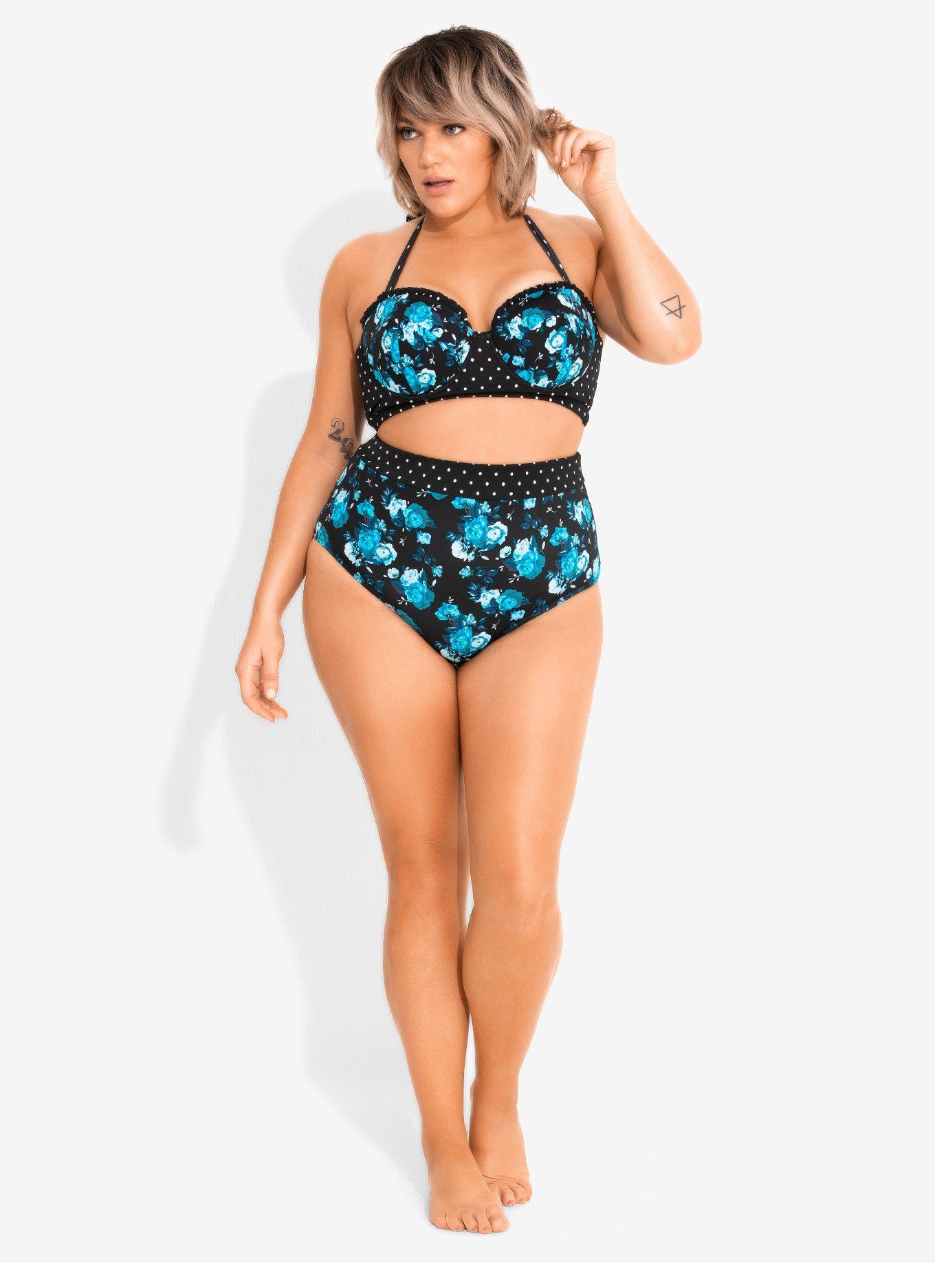 Retro Blue Floral Swim Bottoms Plus Size, BLACK, alternate