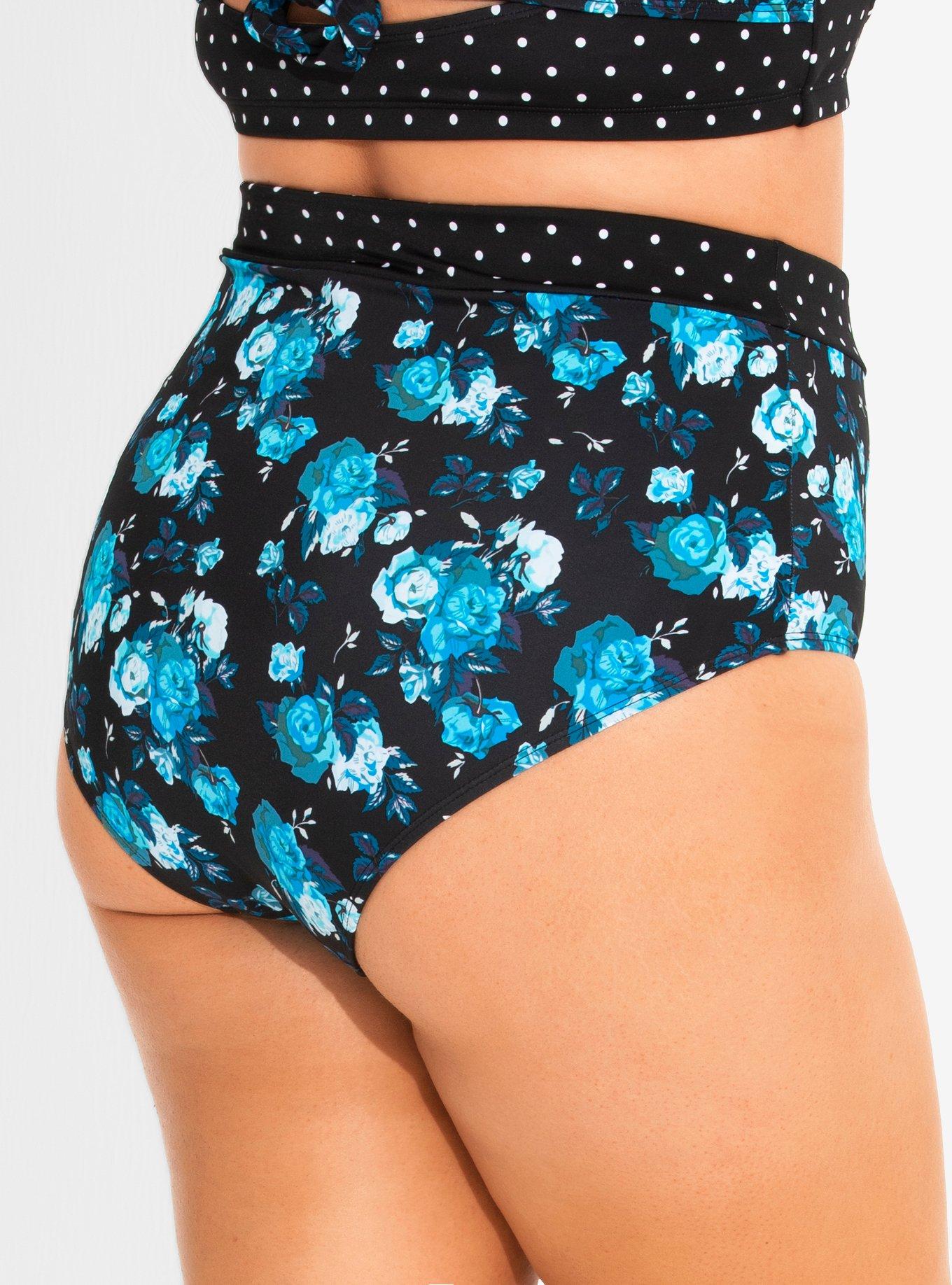 Retro Blue Floral Swim Bottoms Plus Size, BLACK, alternate