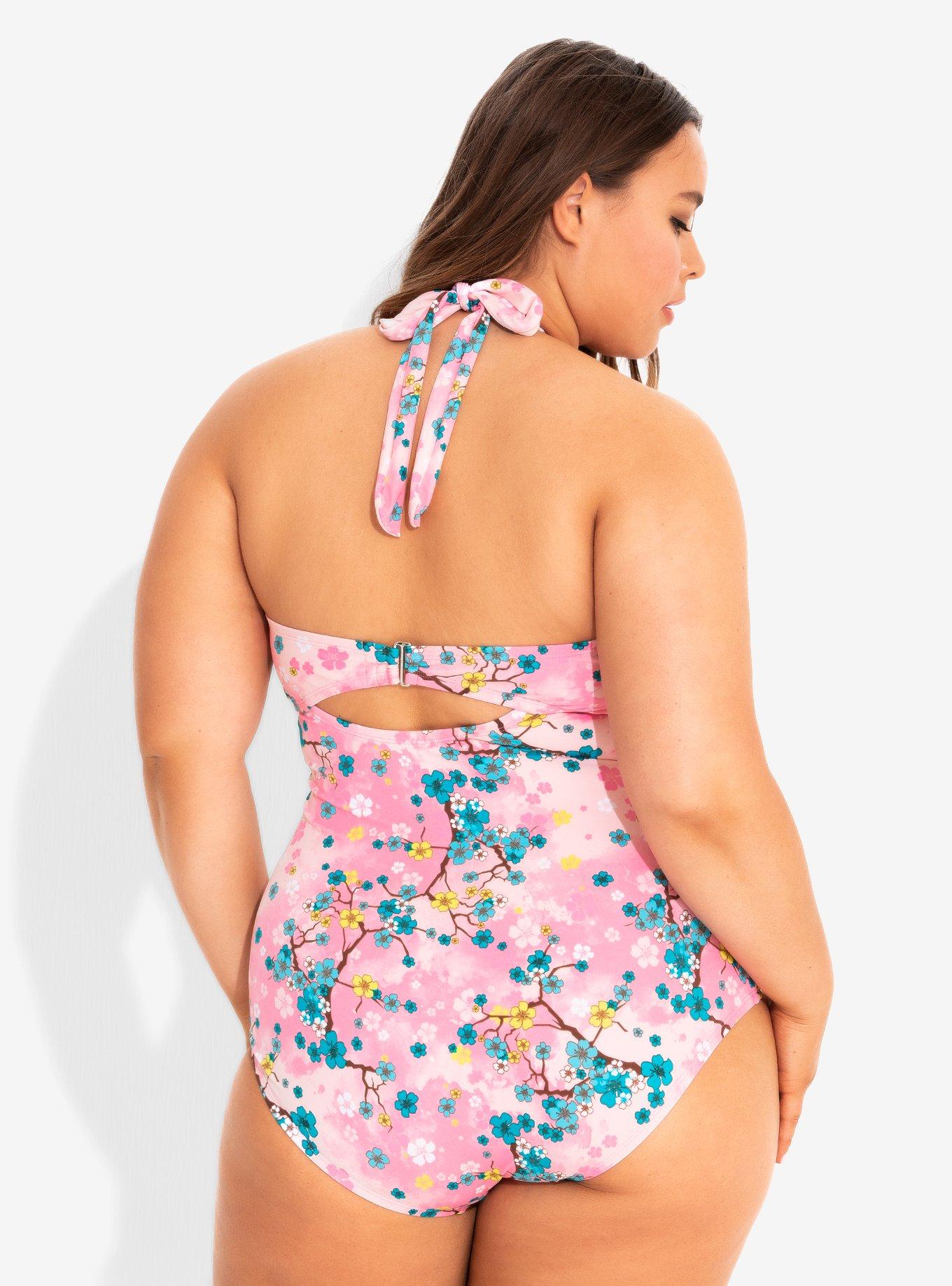 Cherry Blossom Swimsuit Plus Size, BLACK, alternate