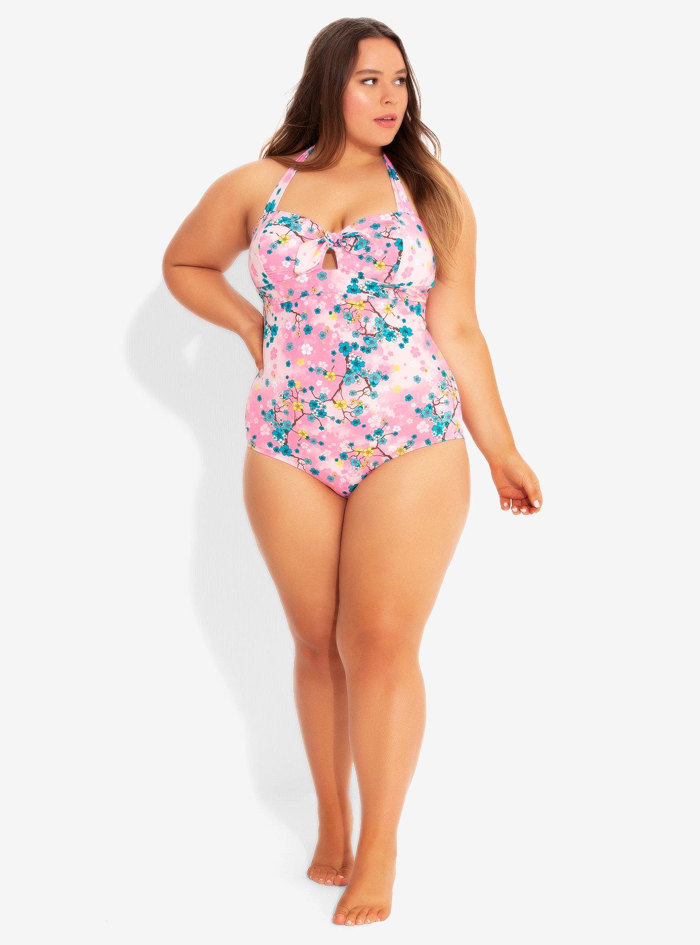 Cherry Blossom Swimsuit Plus Size, BLACK, alternate