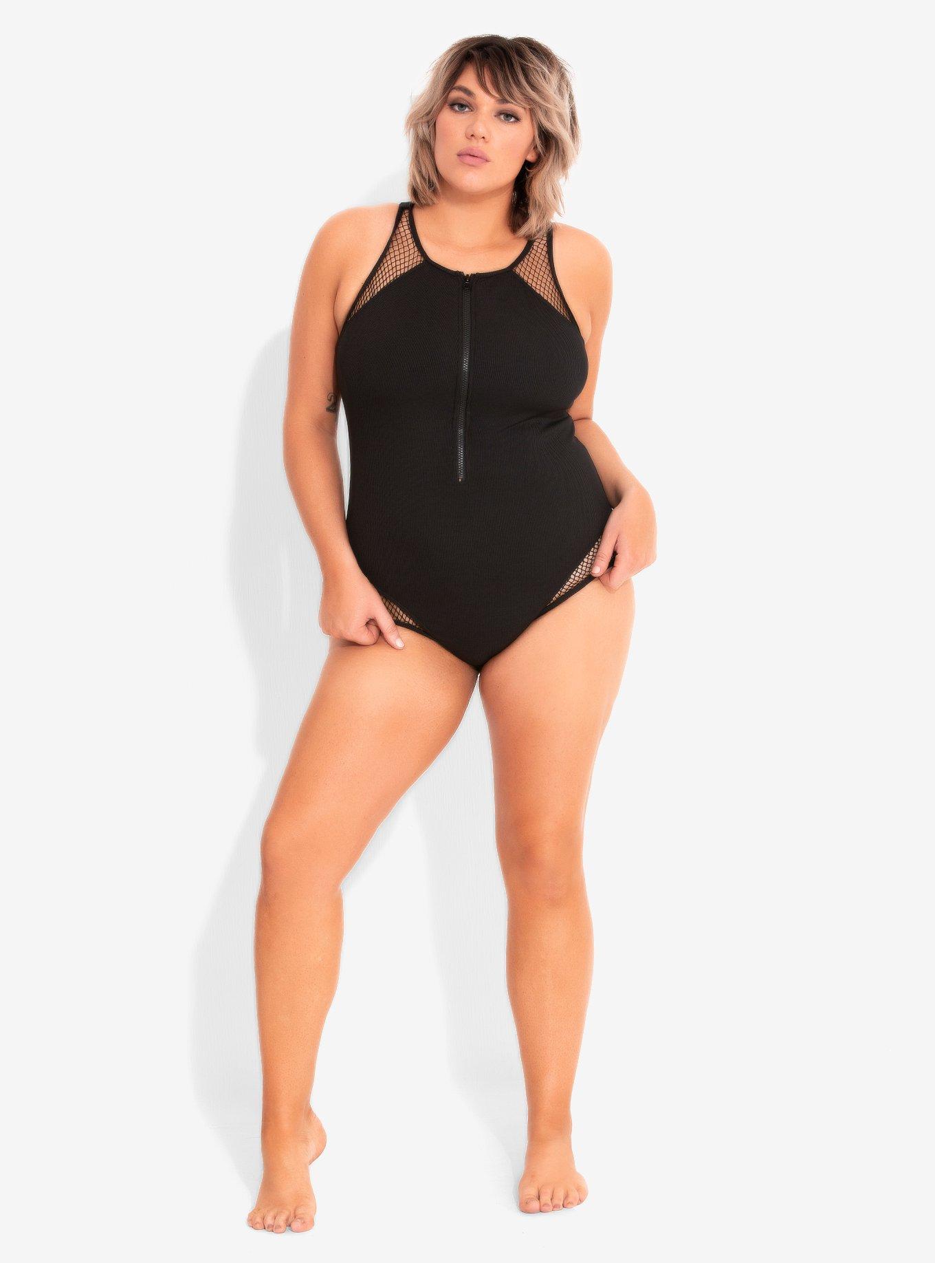 Black Ribbed Zip-Up Swimsuit Plus Size, BLACK, alternate