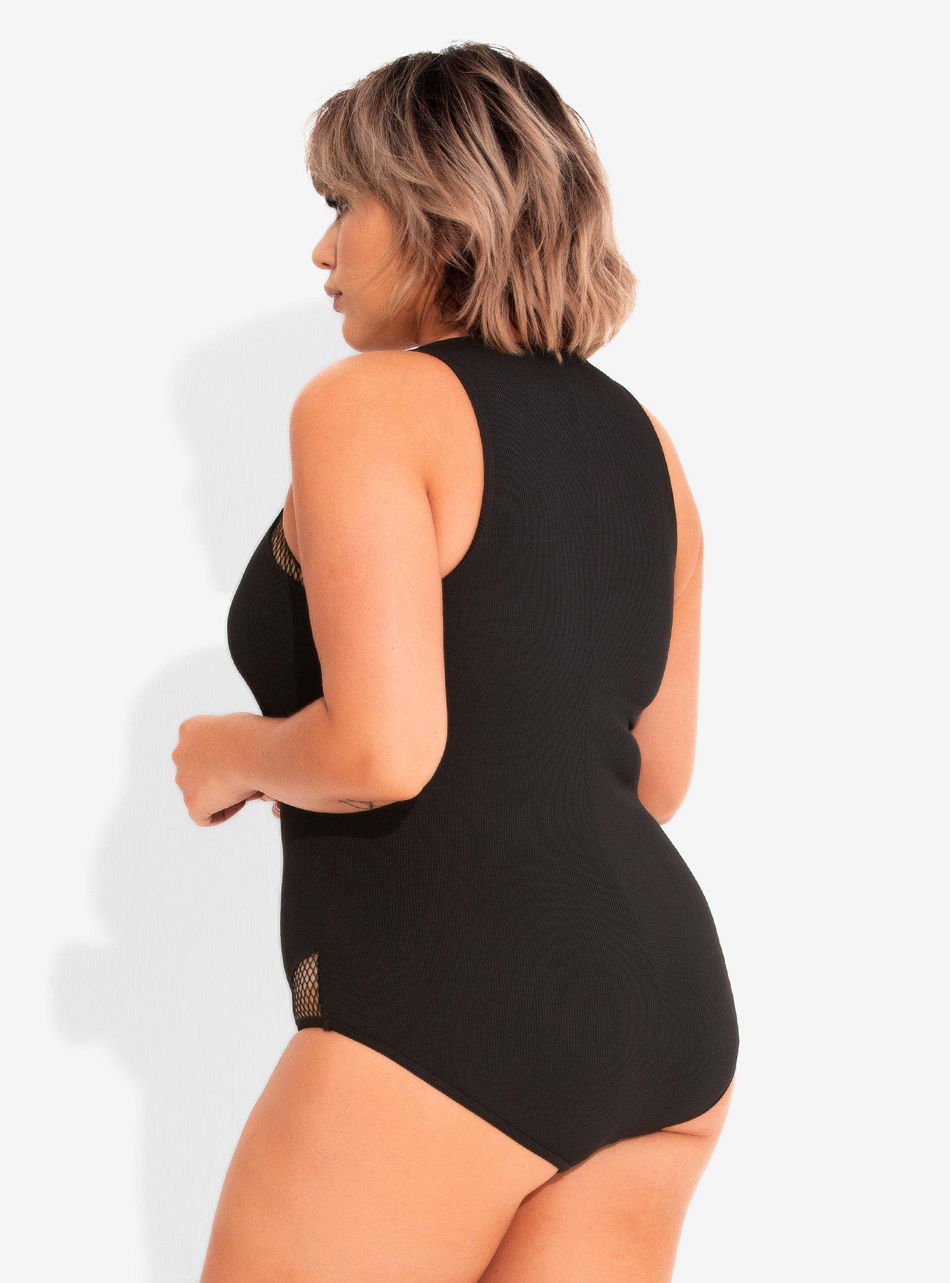 Black Ribbed Zip-Up Swimsuit Plus Size, BLACK, alternate