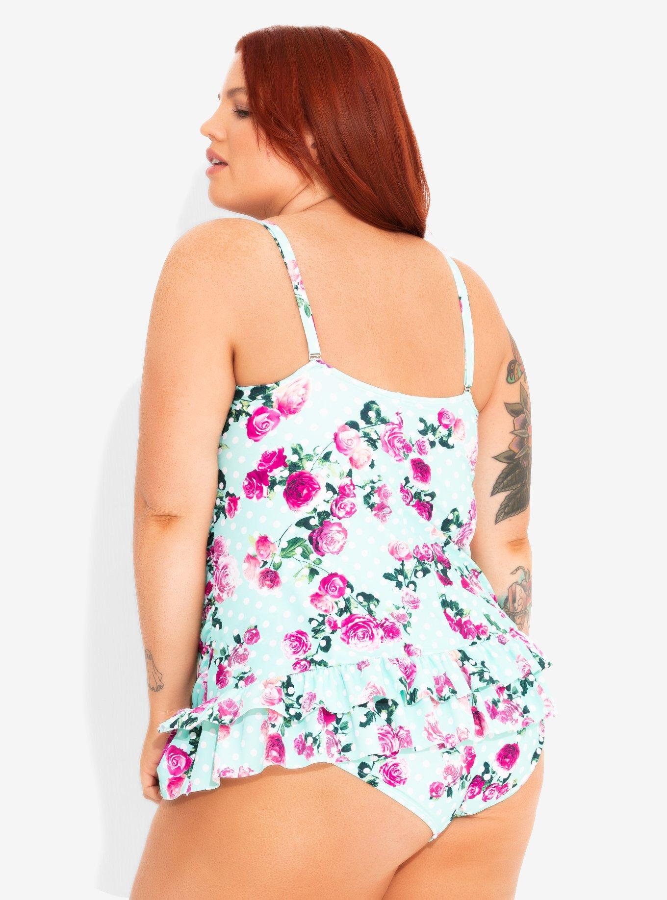 Mint Floral & Polka Dot Ruffle Skirt Swimsuit, , alternate