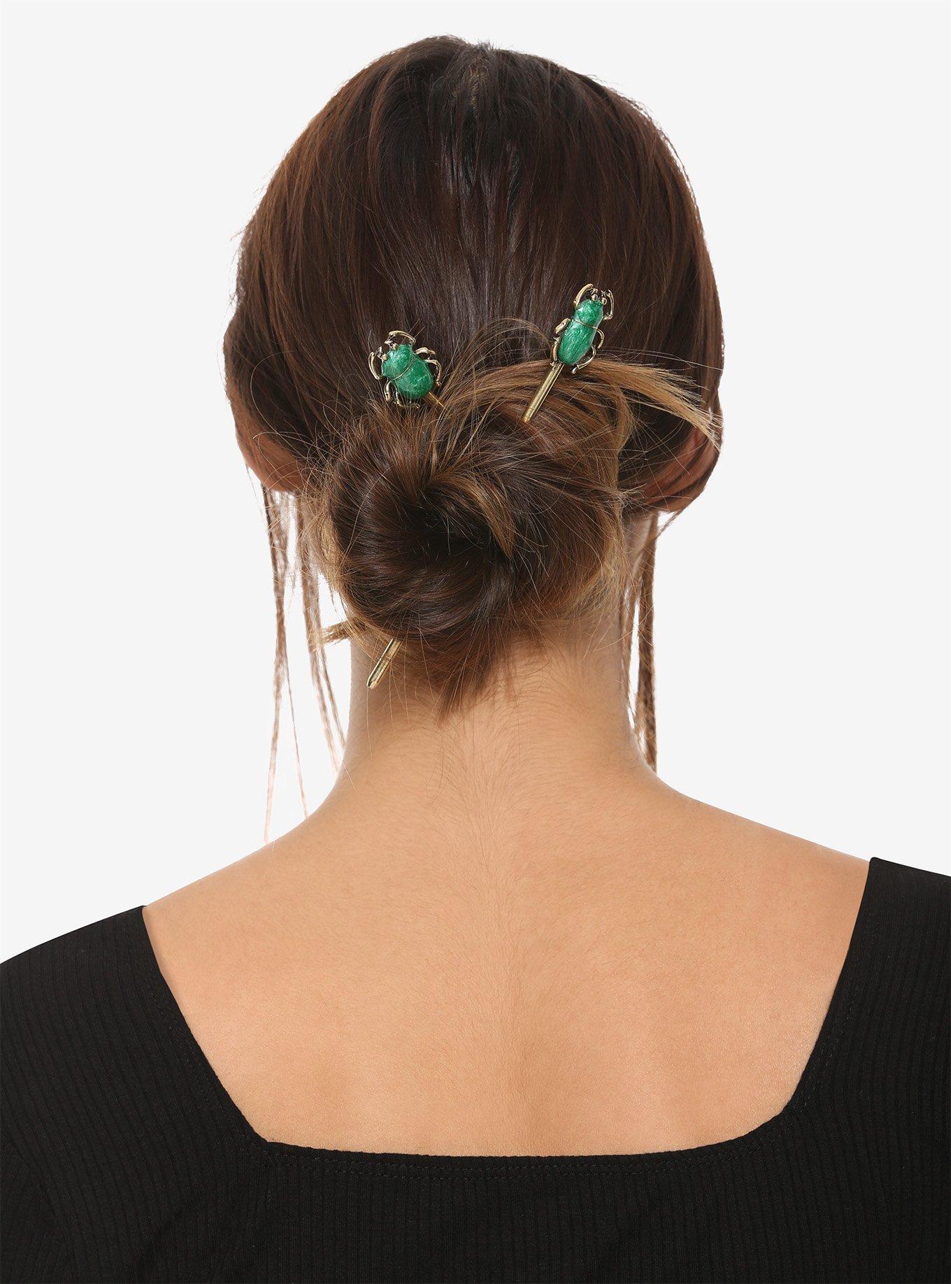 Jade & Gold Beetle Hair Sticks, , alternate